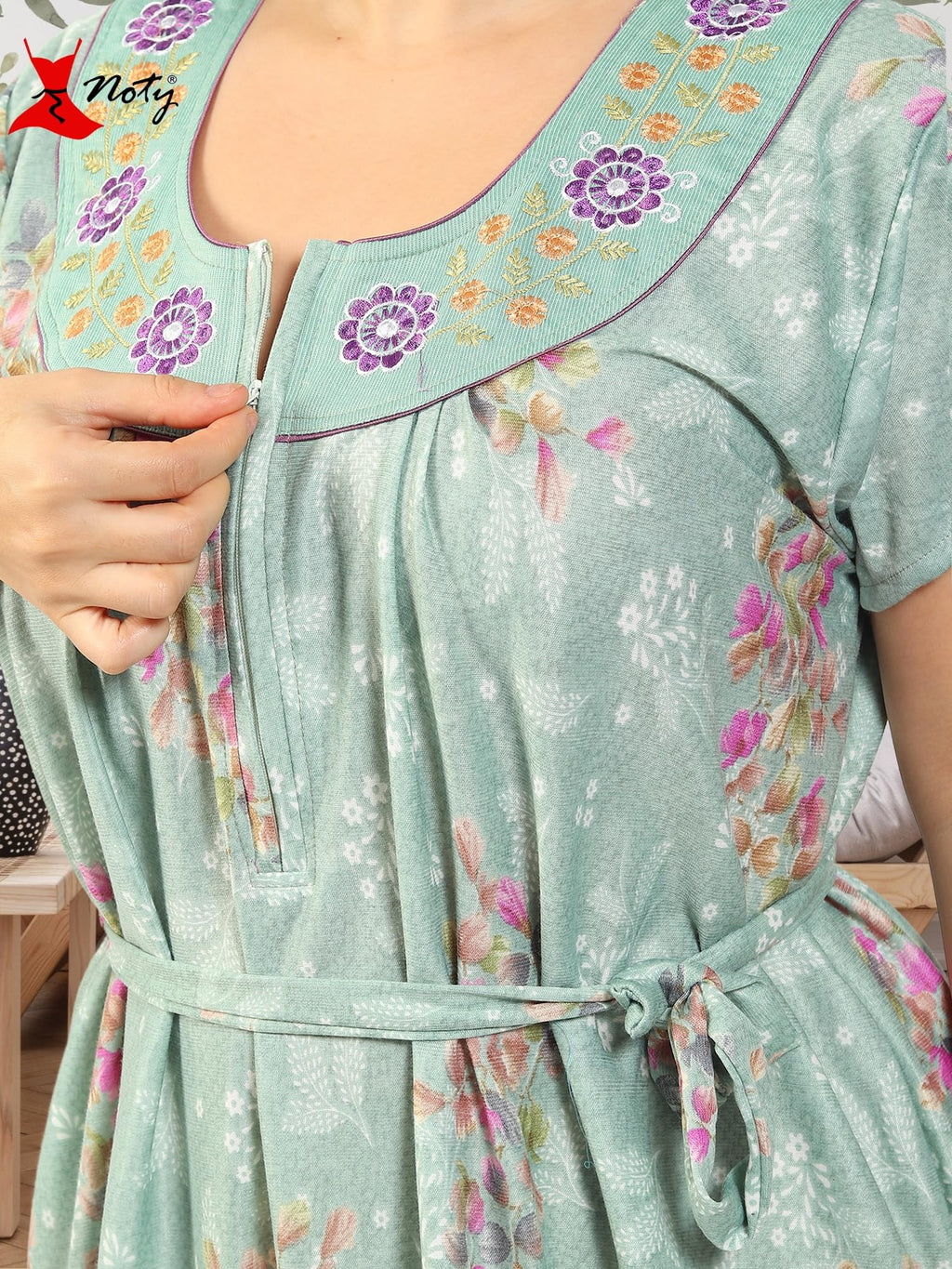 Noty ® Women's Plus Size- Nighty | Maxi | Gown- Poly Viscose Knits Fabric- Floral Printed with Embroidery (XX-Large, Olive Green)