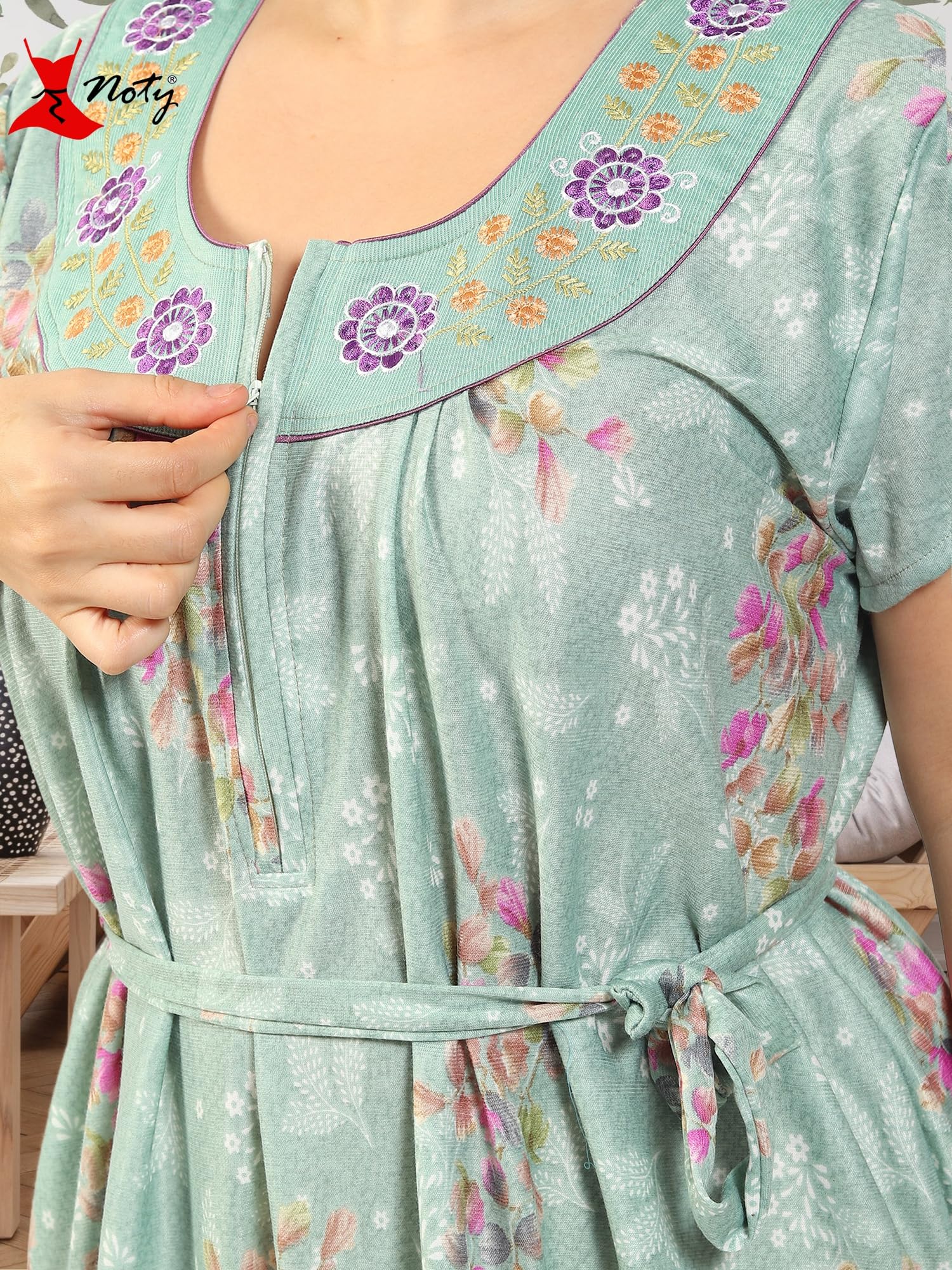 Noty ® Women's Plus Size- Nighty | Maxi | Gown- Poly Viscose Knits Fabric- Floral Printed with Embroidery (XX-Large, Olive Green)