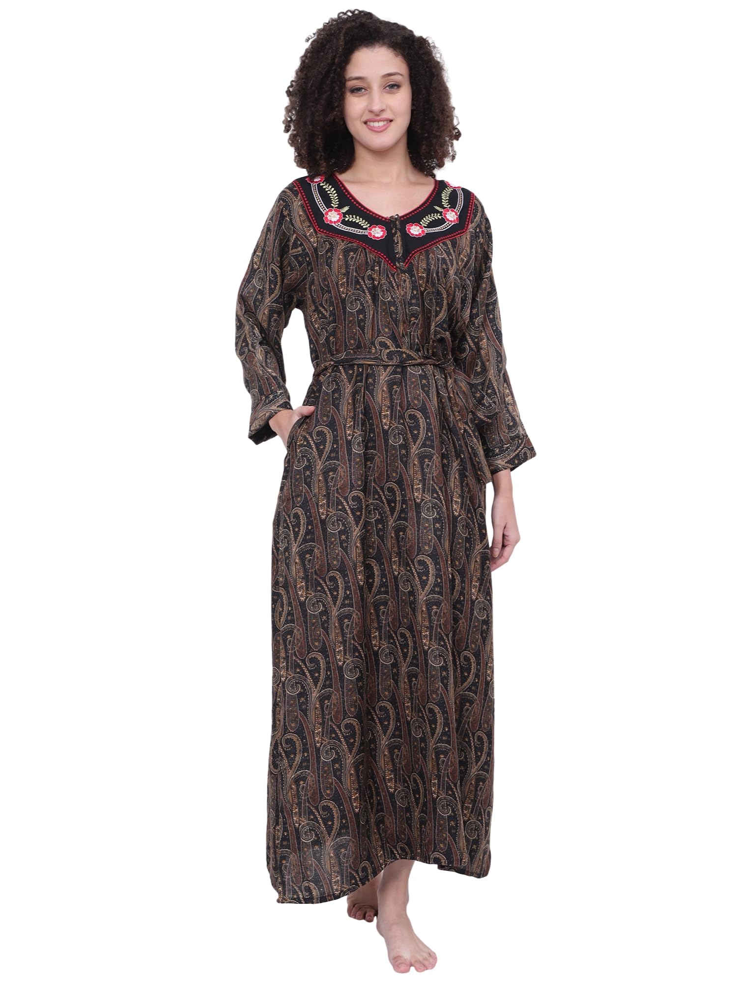 Noty® Women's Winter Nighty | Pashmina Blend | Full Sleeves |Embroidery Work On Neck with Zip Clousre | Maxi for Women