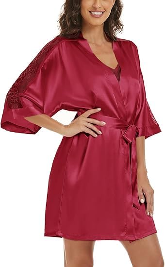 Noty ® Women's- 2 Pc Hot & Sexy Nightwear Set- Satin - Sexy Lace Chemise with Kimono Robe