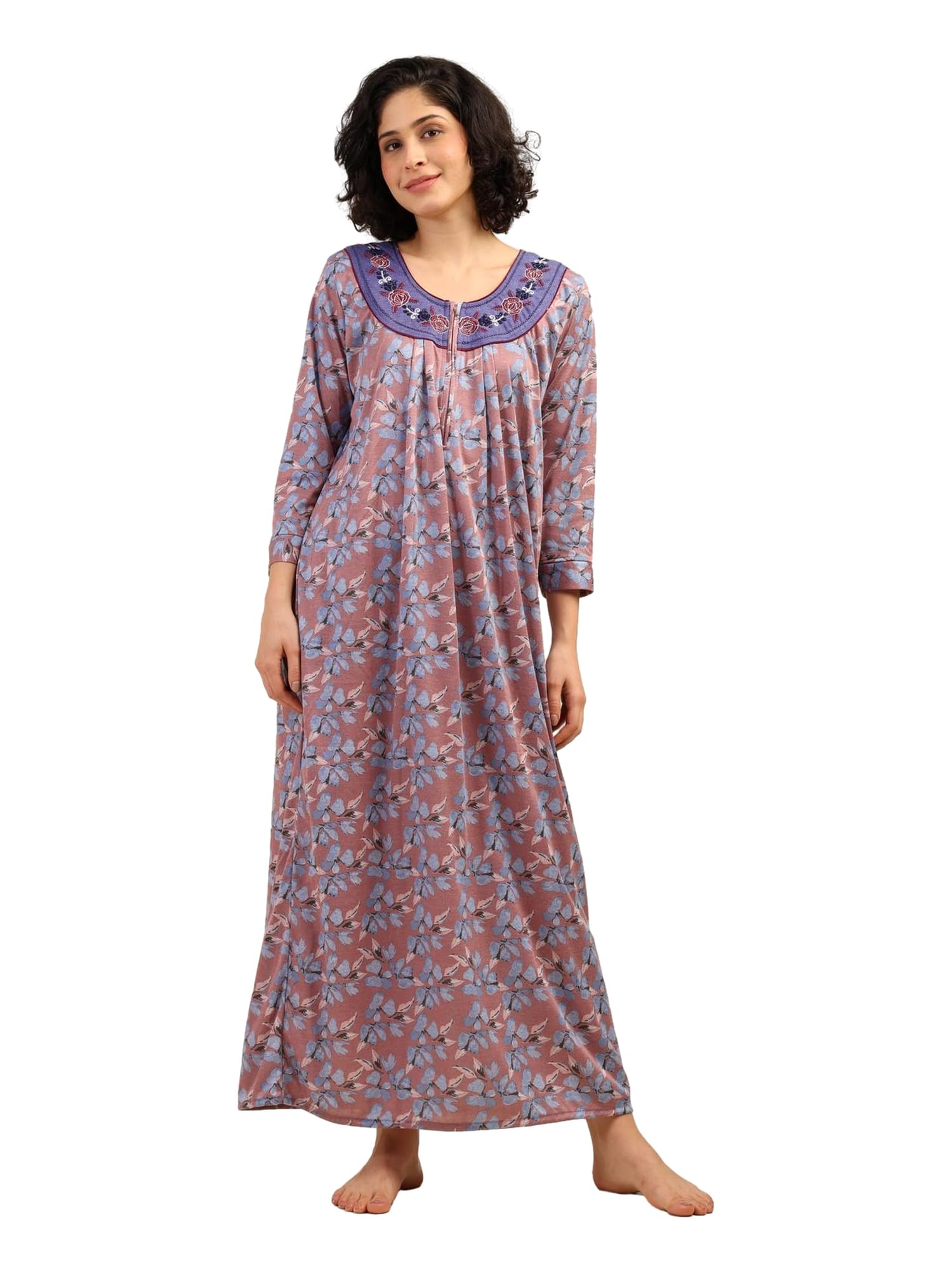 Noty® Women's- Nighty | Maxi | Gown- Poly Viscose Knits Fabric- Embroidery, Full Sleeves, Zip Closure