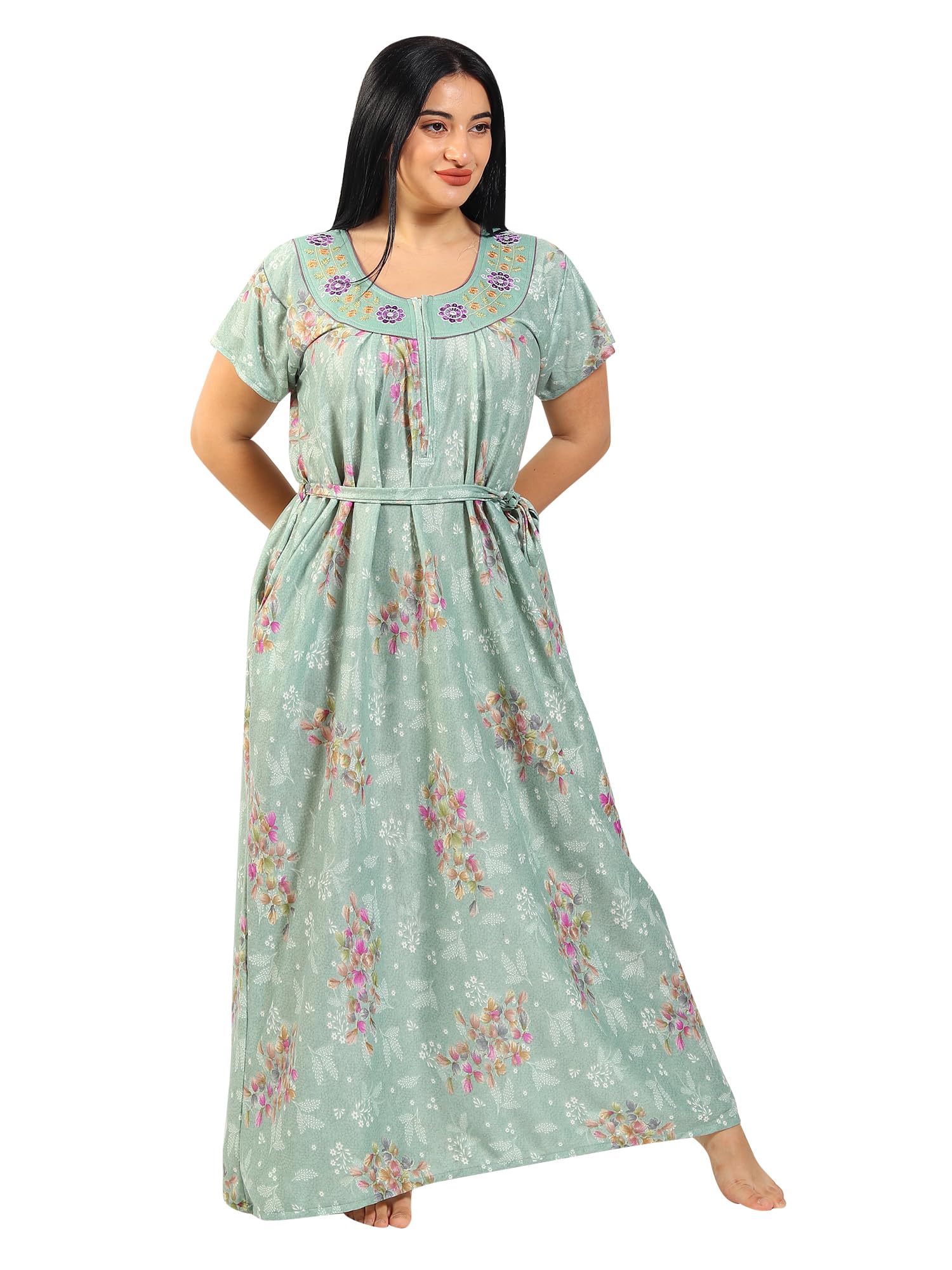 Noty ® Women's Plus Size- Nighty | Maxi | Gown- Poly Viscose Knits Fabric- Floral Printed with Embroidery (XX-Large, Olive Green)