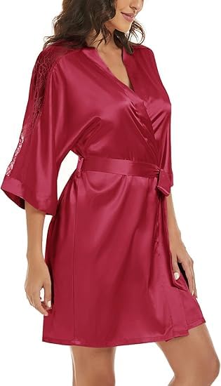 Noty ® Women's- 2 Pc Hot & Sexy Nightwear Set- Satin - Sexy Lace Chemise with Kimono Robe