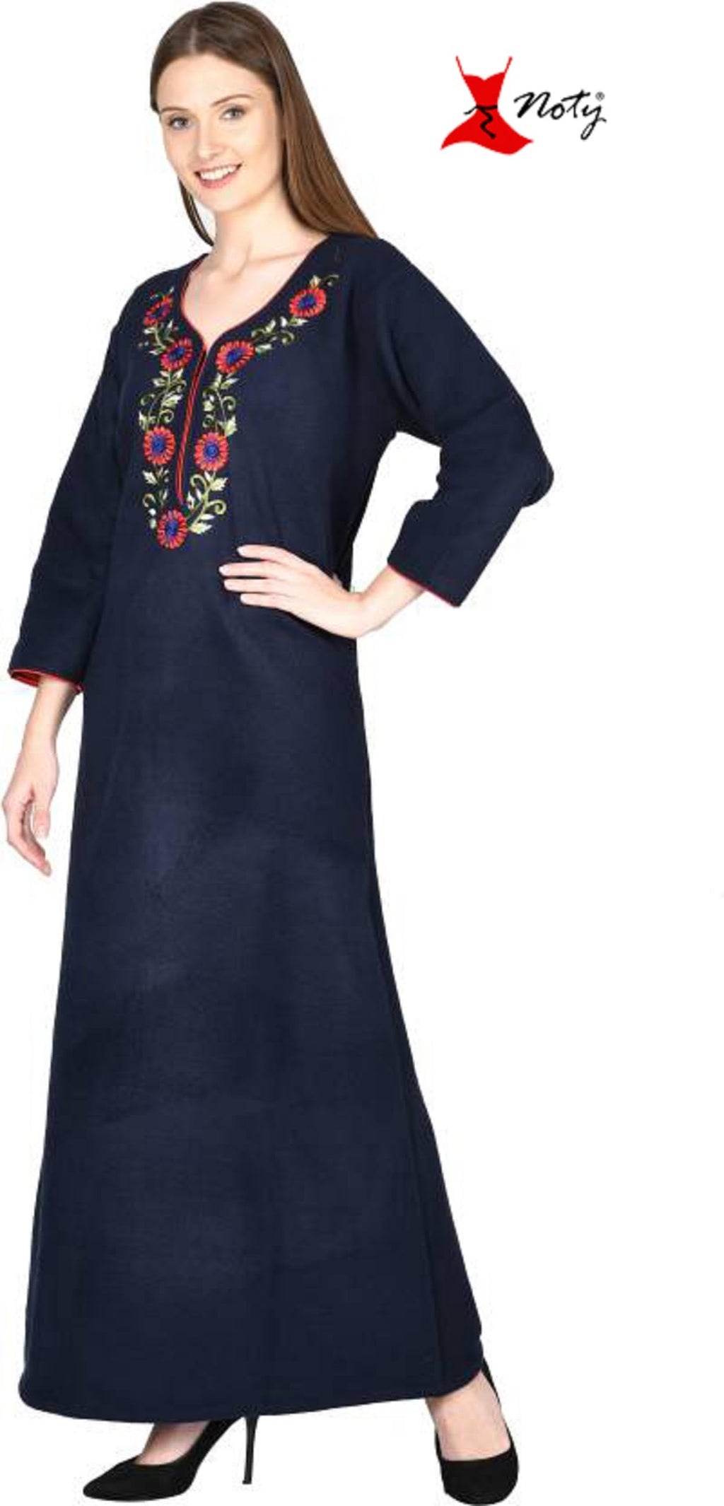 Noty Women Woolen Winter Fleece Nighty 3/4 Sleeve - Punch, Maroon, Deep Purple, Navy Blue