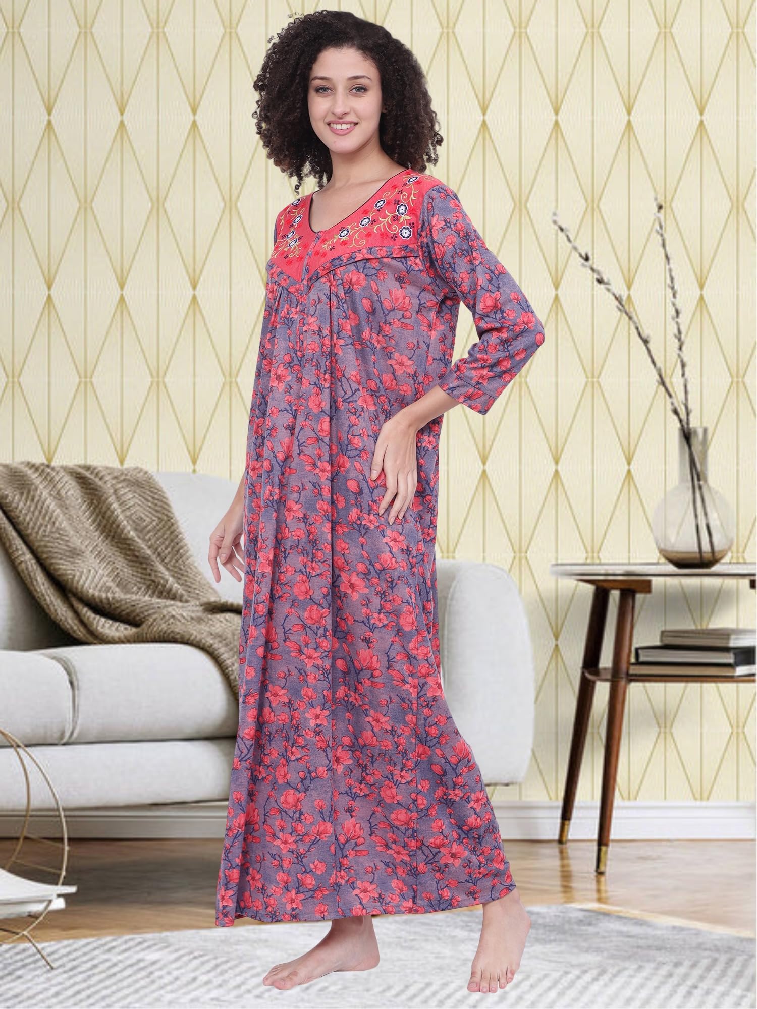 Noty ® Women's- Maternity | Feeding | Nursing | Nighty/Maxi/Gown- Poly Viscose Knits Fabric- Floral Embroidery, Zip on Both Sides, Full Sleeves