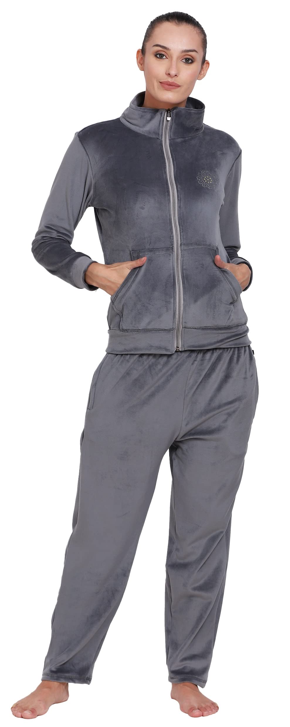 Noty® Night Suit Winter Velvet-Hoody with Zip-2 Side Pockets