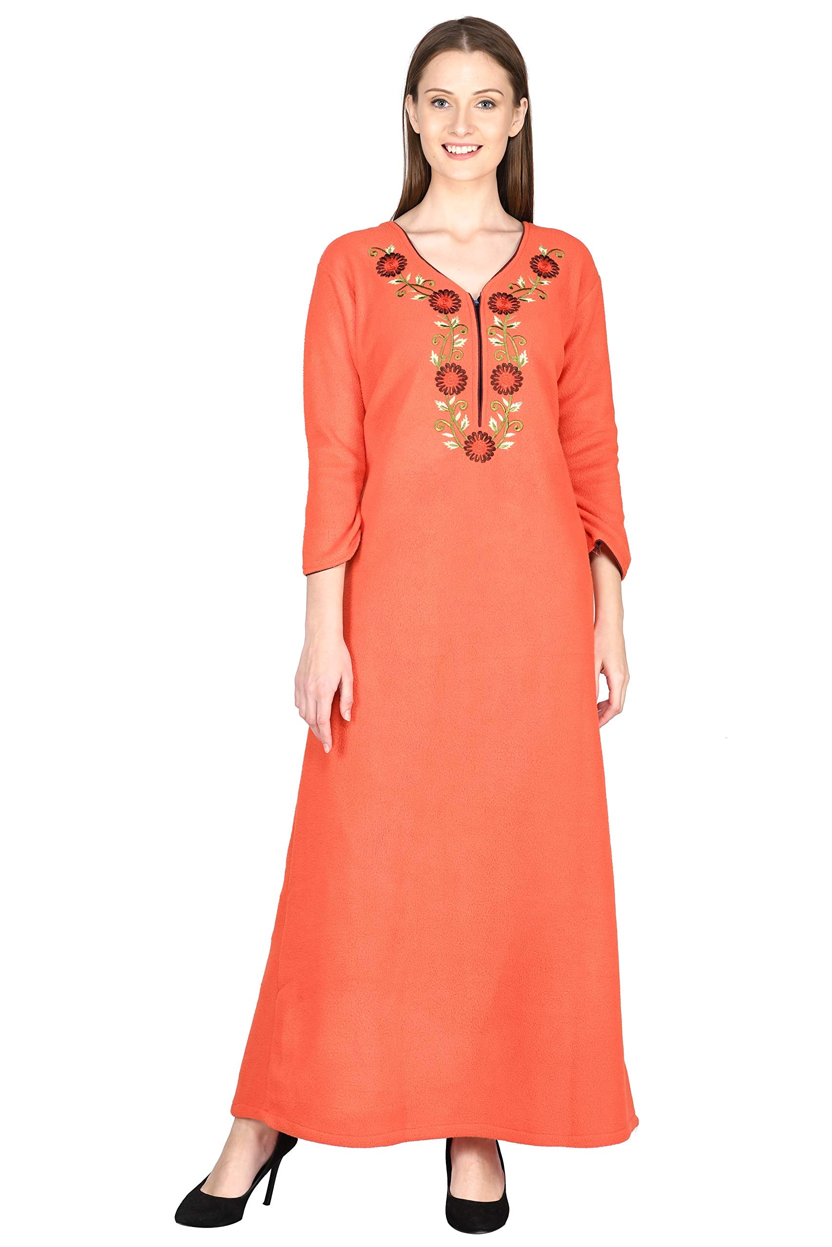 Noty Women Woolen Winter Fleece Nighty 3/4 Sleeve - Punch, Maroon, Deep Purple, Navy Blue