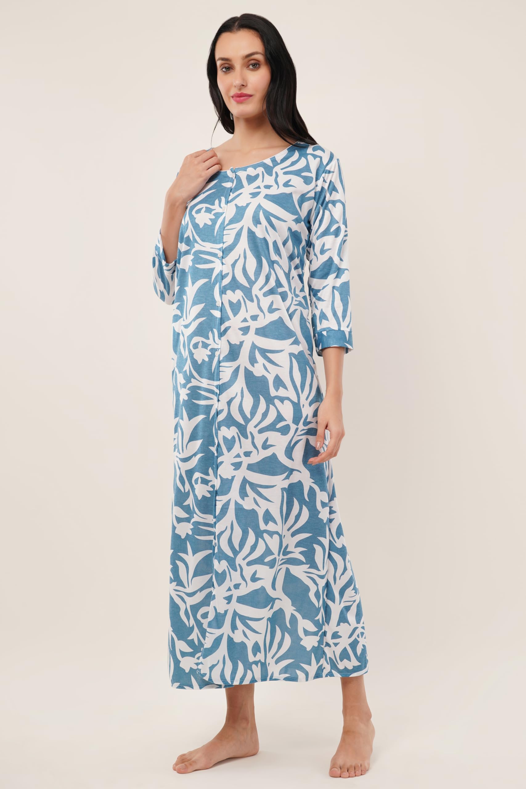 Noty® Women's- Maternity/Hospital/Delivery Gown- Poly Viscose Knits Fabric- Front Open | Printed | Round Neck with Button Closure | Pocket | Full Sleeves