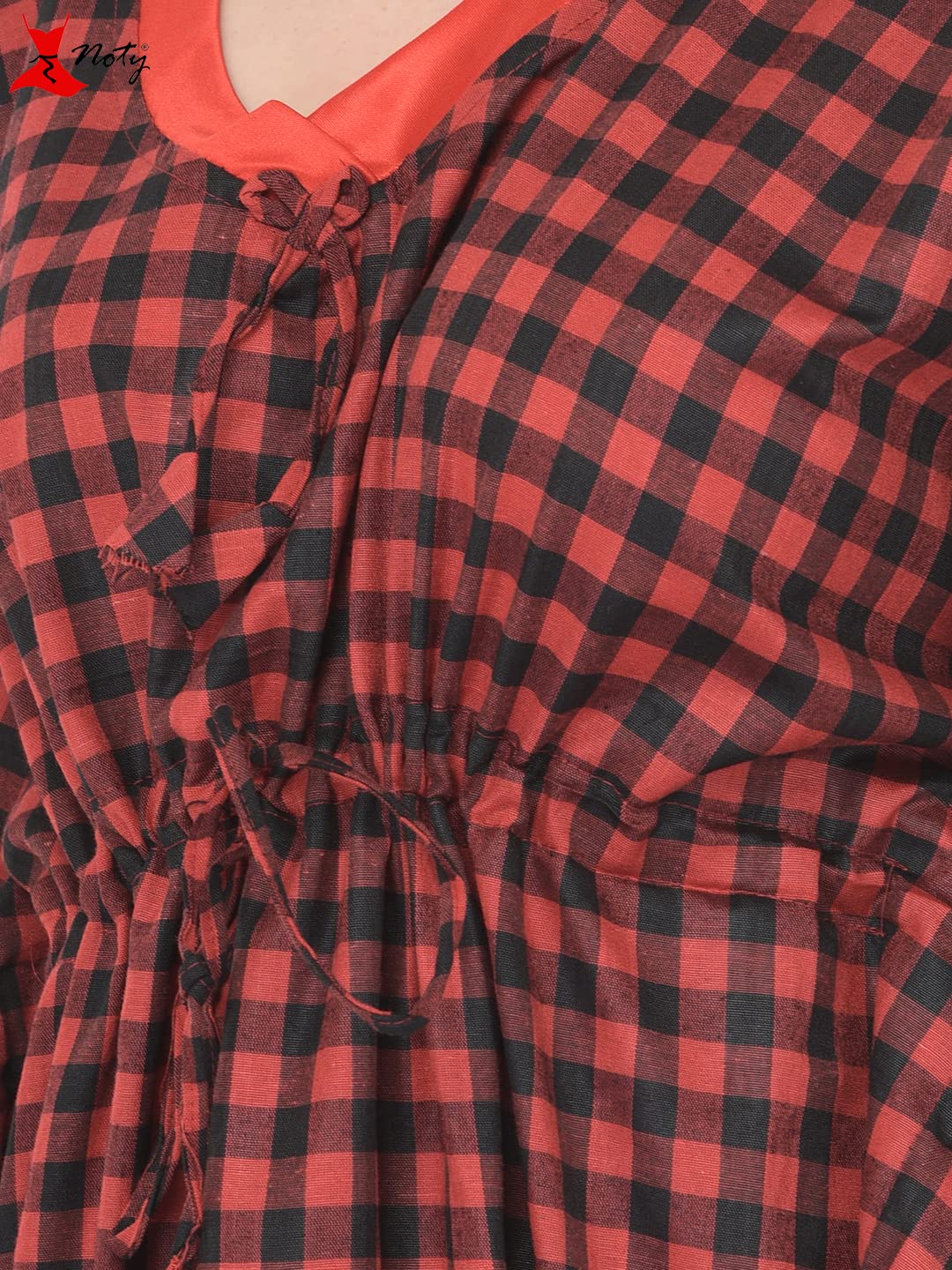 Noty Women Soft Cotton Kaftan Nighty | Check Print | Cotton Nighty | V Neck | Nightwear Nightdress