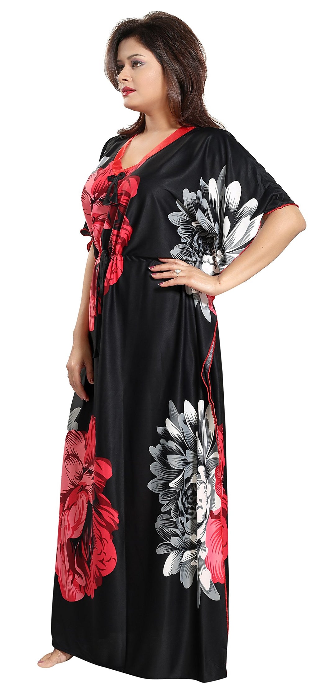 Noty Women's Kaftan Nighty | Serena Fabric | Floral Print Maxi | Short Sleeves | V Shaped Neck