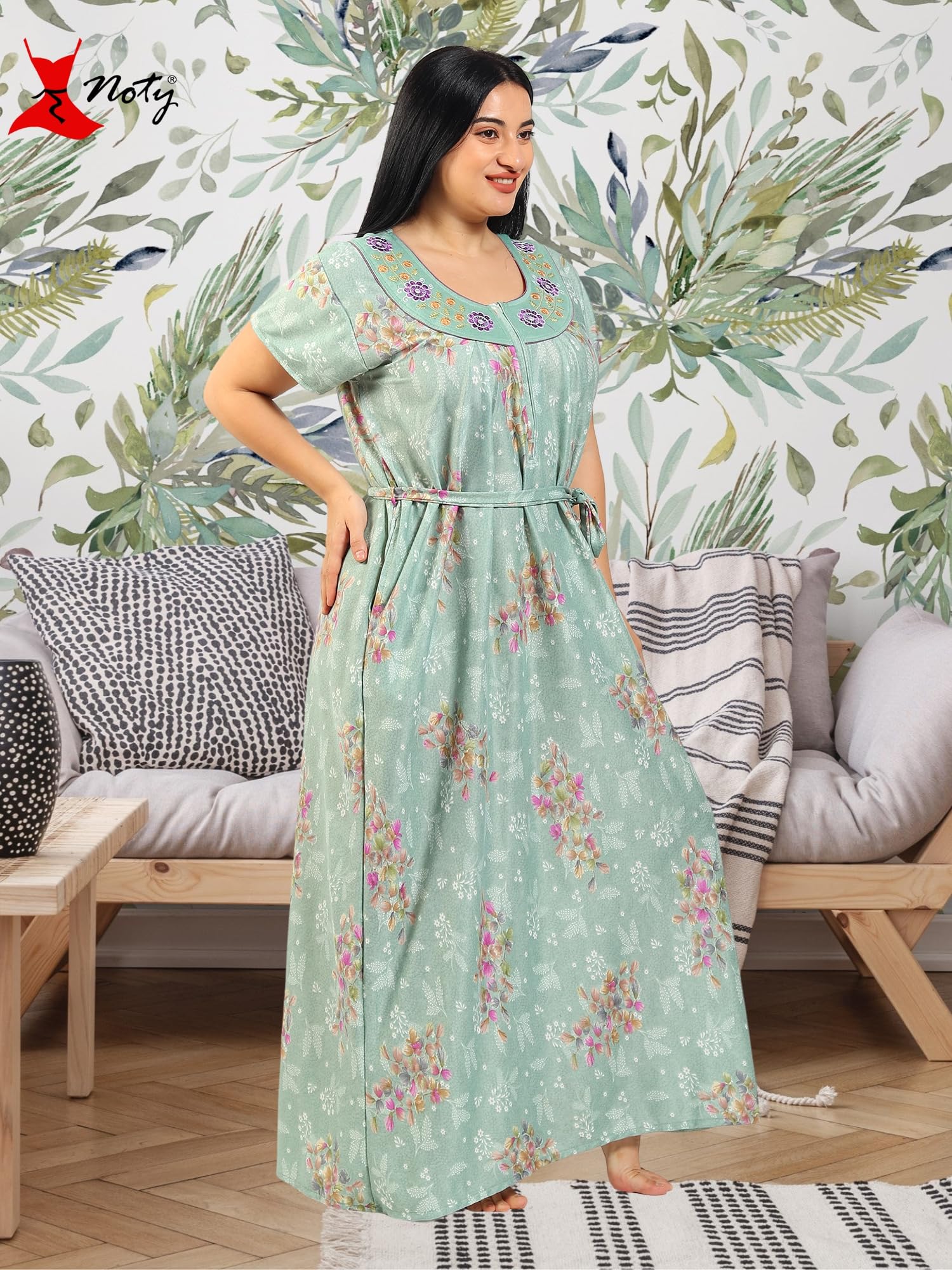 Noty ® Women's Plus Size- Nighty | Maxi | Gown- Poly Viscose Knits Fabric- Floral Printed with Embroidery (XX-Large, Olive Green)