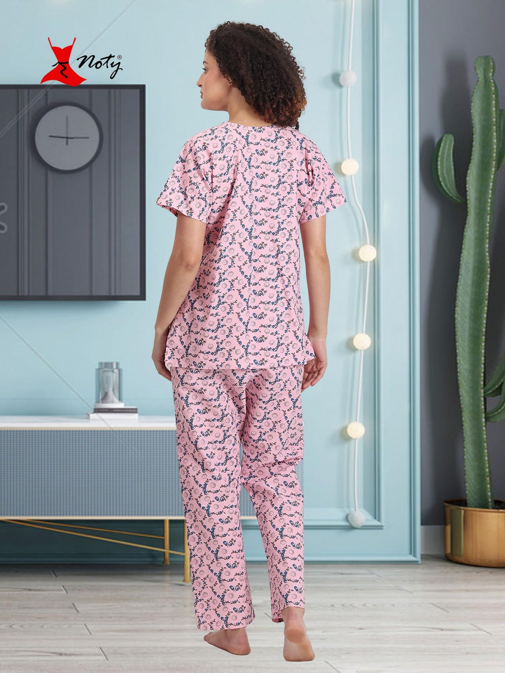 Noty ® Girl's/Women's Polyester and Cotton Mixed- Small Floral Printed- Night Suit/Night Wear/Lounge Wear/Night Dress