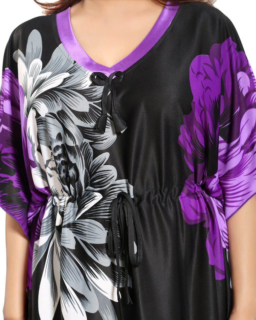 Noty Women's Kaftan Nighty | Serena Fabric | Floral Print Maxi | Short Sleeves | V Shaped Neck