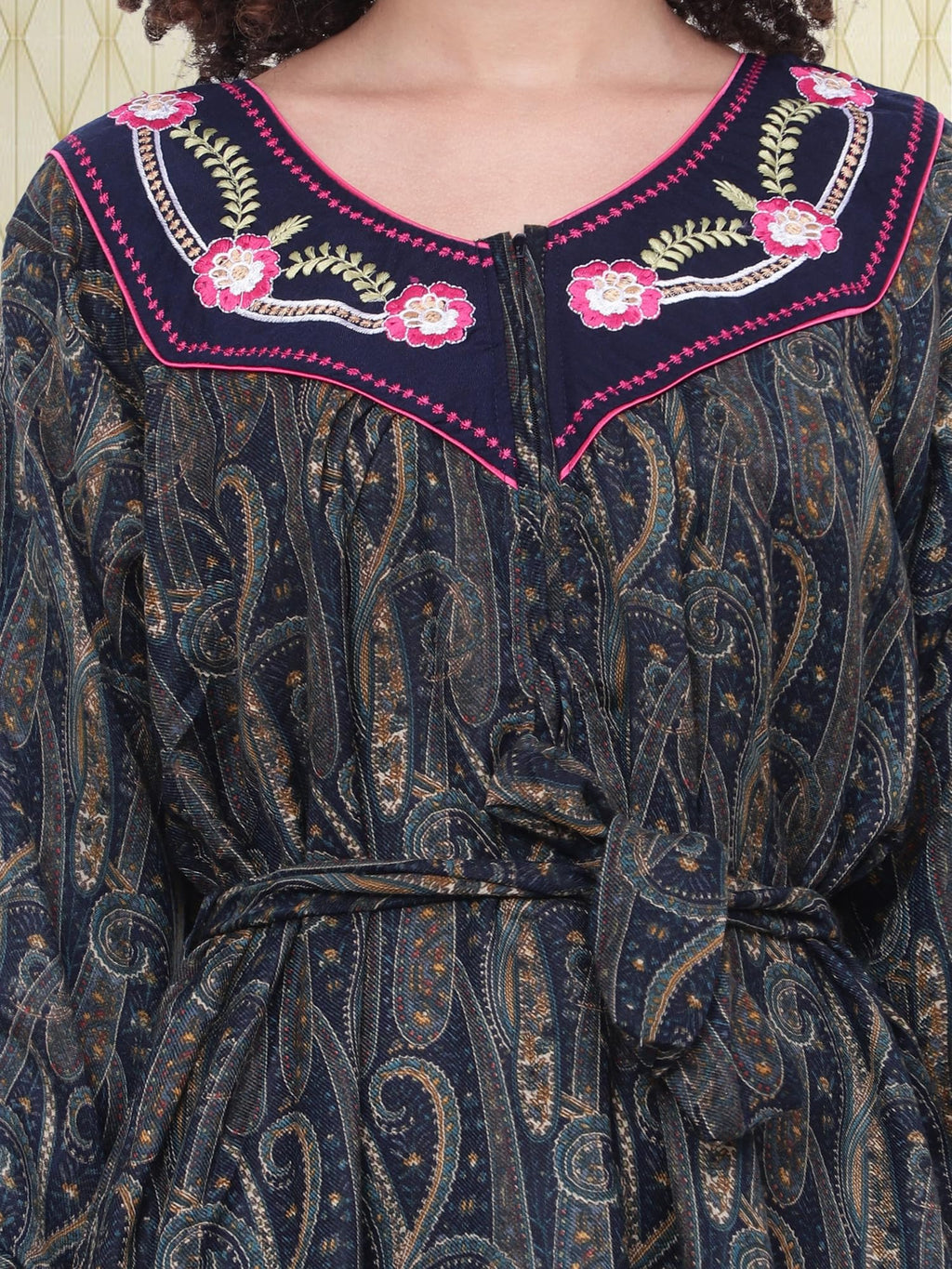 Noty® Women's Winter Nighty | Pashmina Blend | Full Sleeves |Embroidery Work On Neck with Zip Clousre | Maxi for Women