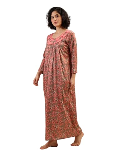 Noty® Women's- Nighty | Maxi | Gown- Poly Viscose Knits Fabric- Embroidery, Full Sleeves, Zip Closure
