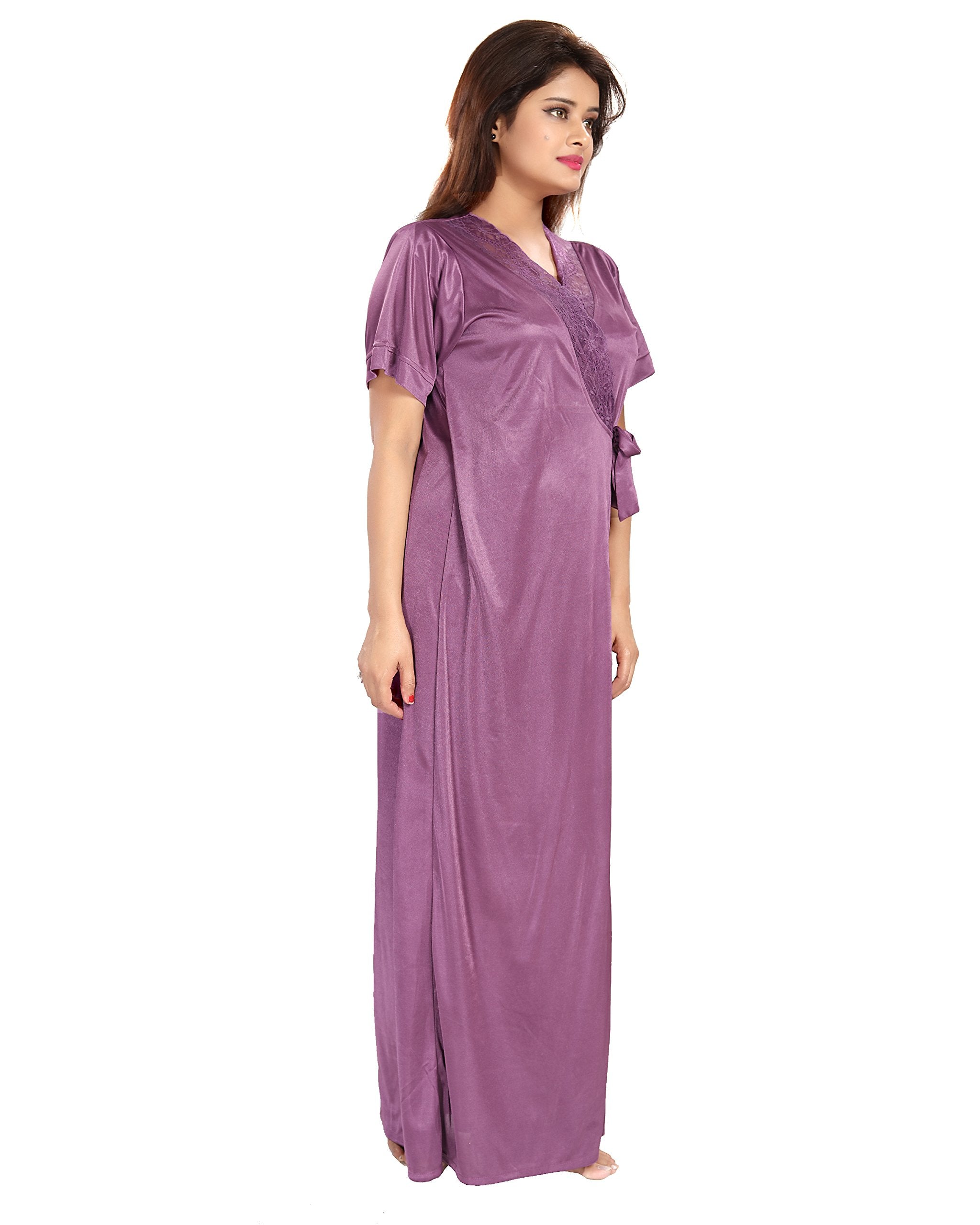 Noty ® Women's- 4 Pc- Nighty Set | Maxi | Robe |Gown- Satin Fabric- 4 Pc- Nighty with Robe and Night Suit
