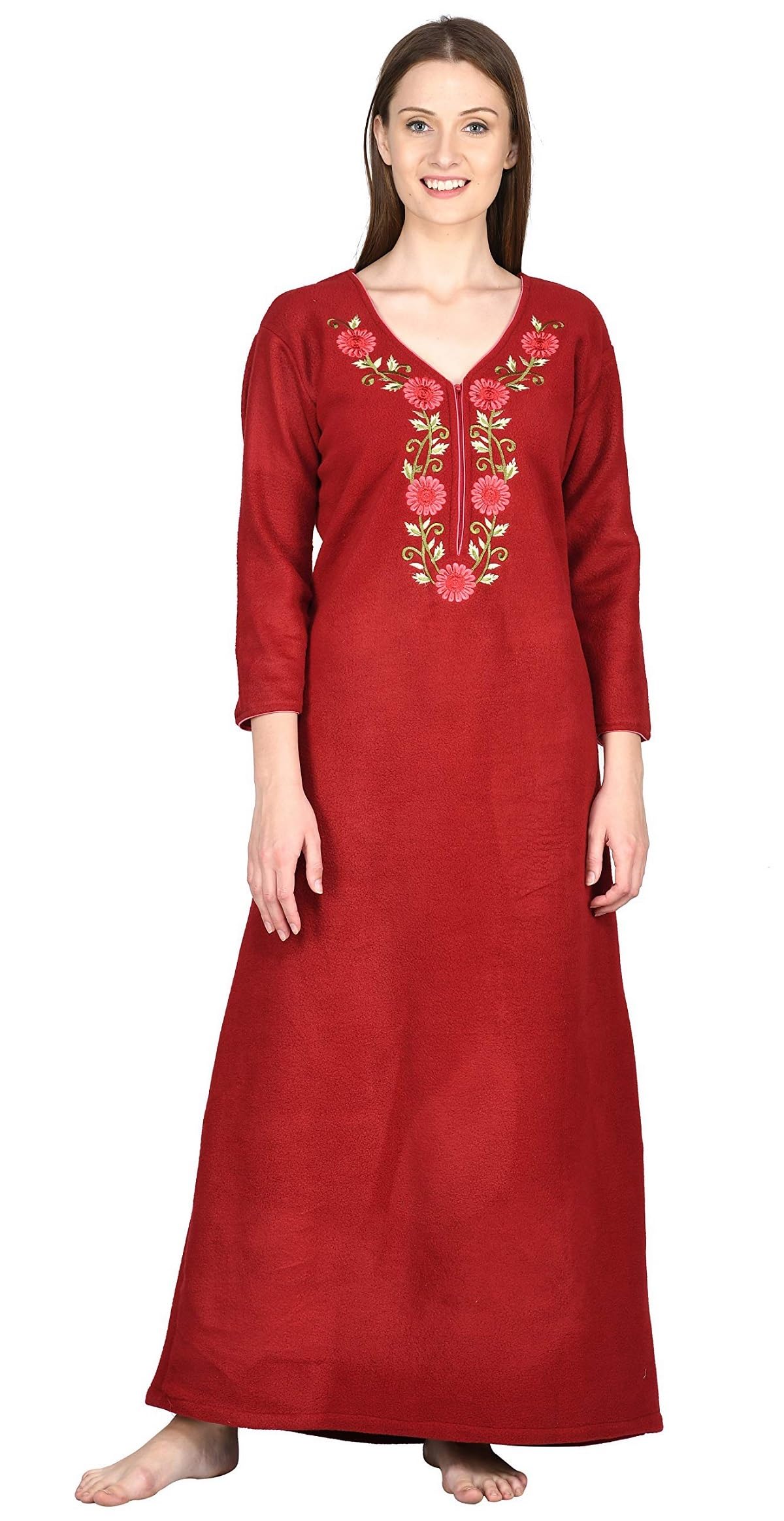 Noty Women Woolen Winter Fleece Nighty 3/4 Sleeve - Punch, Maroon, Deep Purple, Navy Blue