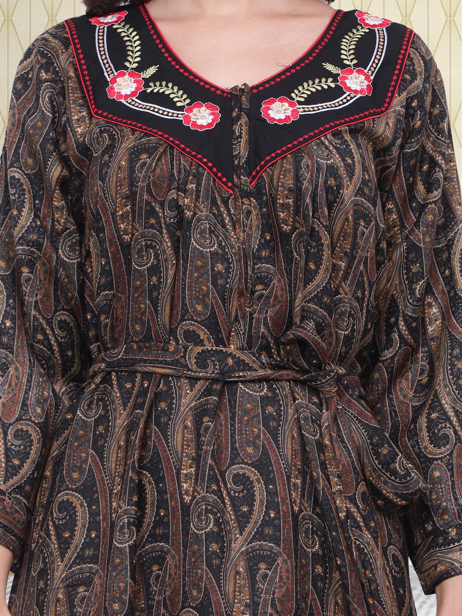 Noty® Women's Winter Nighty | Pashmina Blend | Full Sleeves |Embroidery Work On Neck with Zip Clousre | Maxi for Women