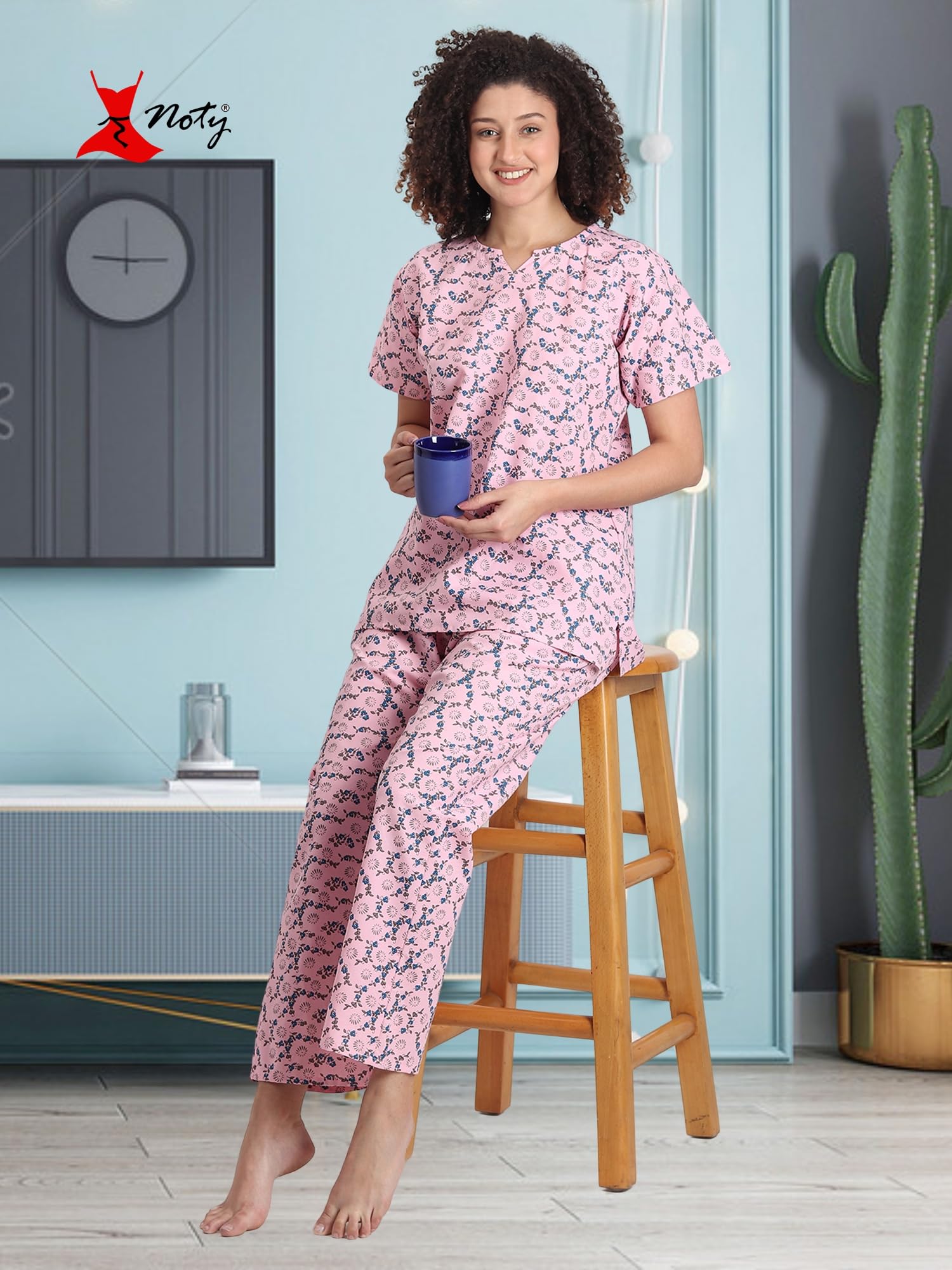 Noty ® Girl's/Women's Polyester and Cotton Mixed- Small Floral Printed- Night Suit/Night Wear/Lounge Wear/Night Dress