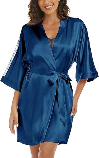 Noty ® Women's- 2 Pc Hot & Sexy Nightwear Set- Satin - Sexy Lace Chemise with Kimono Robe
