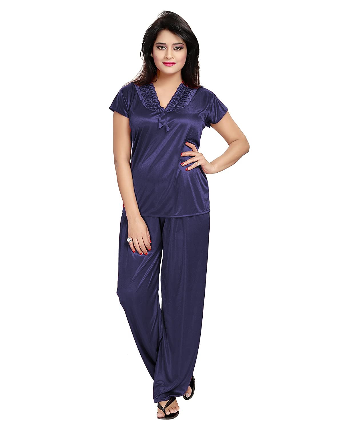 Noty Women's 4 Pc Nighty Set | Satin Nighty | Maxi with Robe | Solid Print | Top with Pajama | Lace work on Neck | Short Sleeves