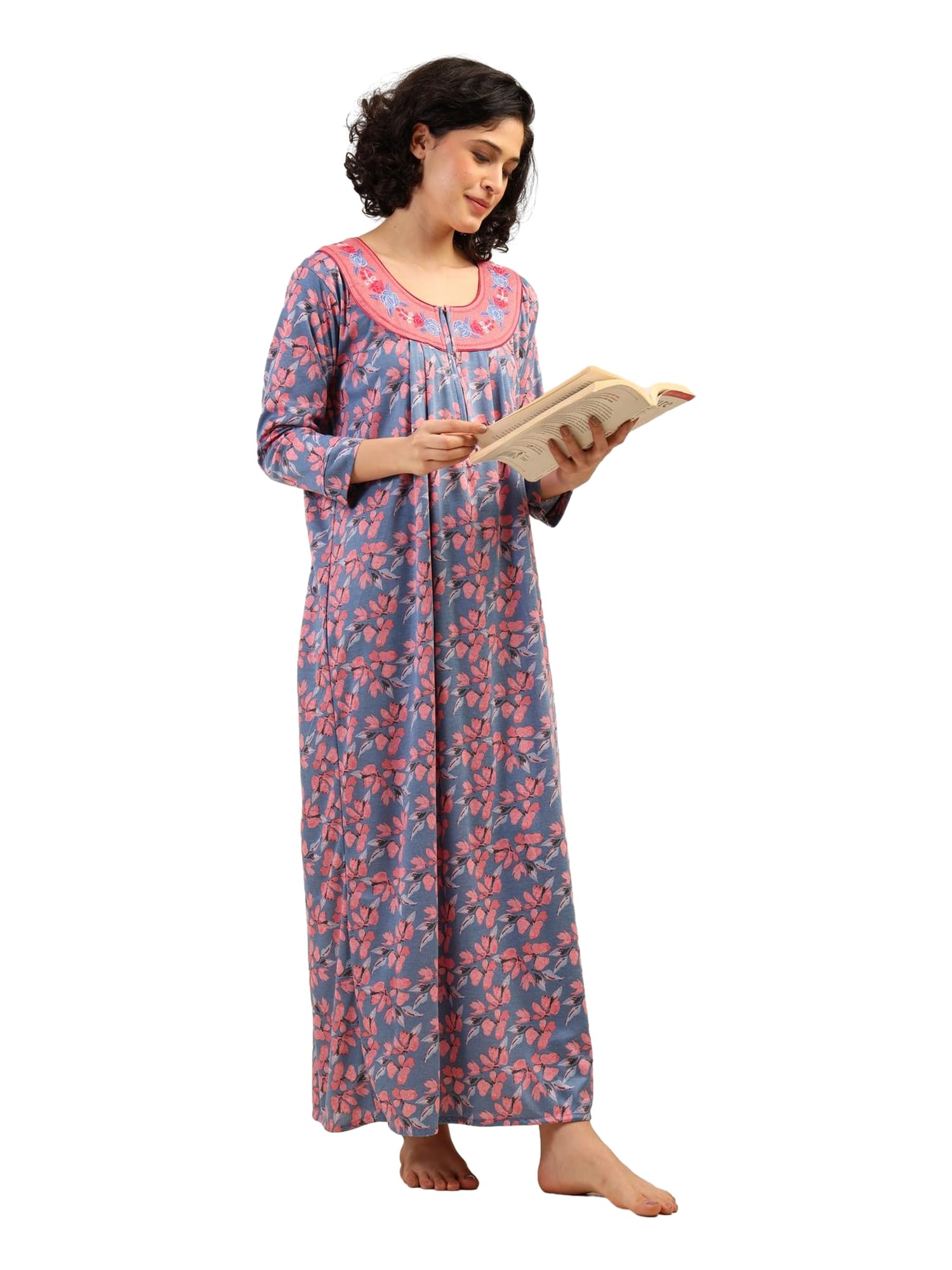 Noty® Women's- Nighty | Maxi | Gown- Poly Viscose Knits Fabric- Embroidery, Full Sleeves, Zip Closure