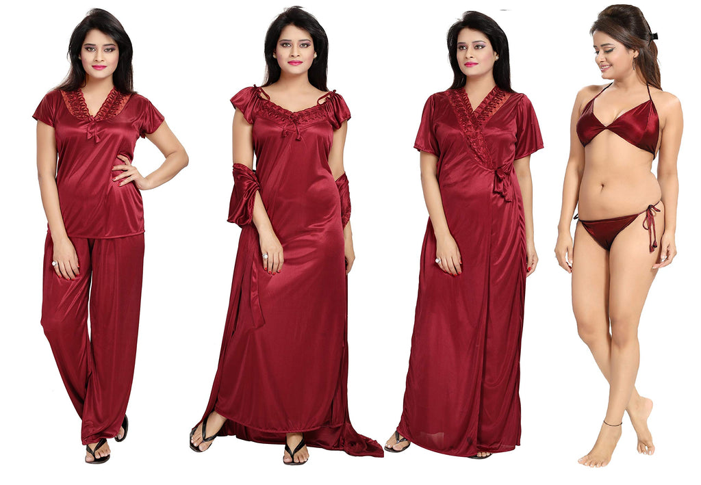 Noty Women's Satin Nighty, Robe, Top, Night Dress - Set of 6/7 (Maroon, Free Size)