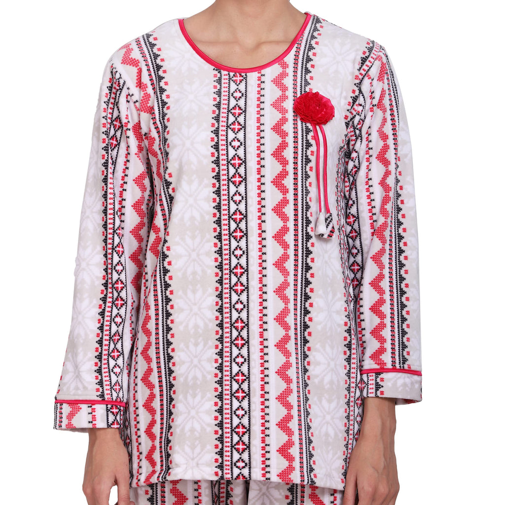 Noty- Night Suit Winter Velvet-Round Neck- Printed