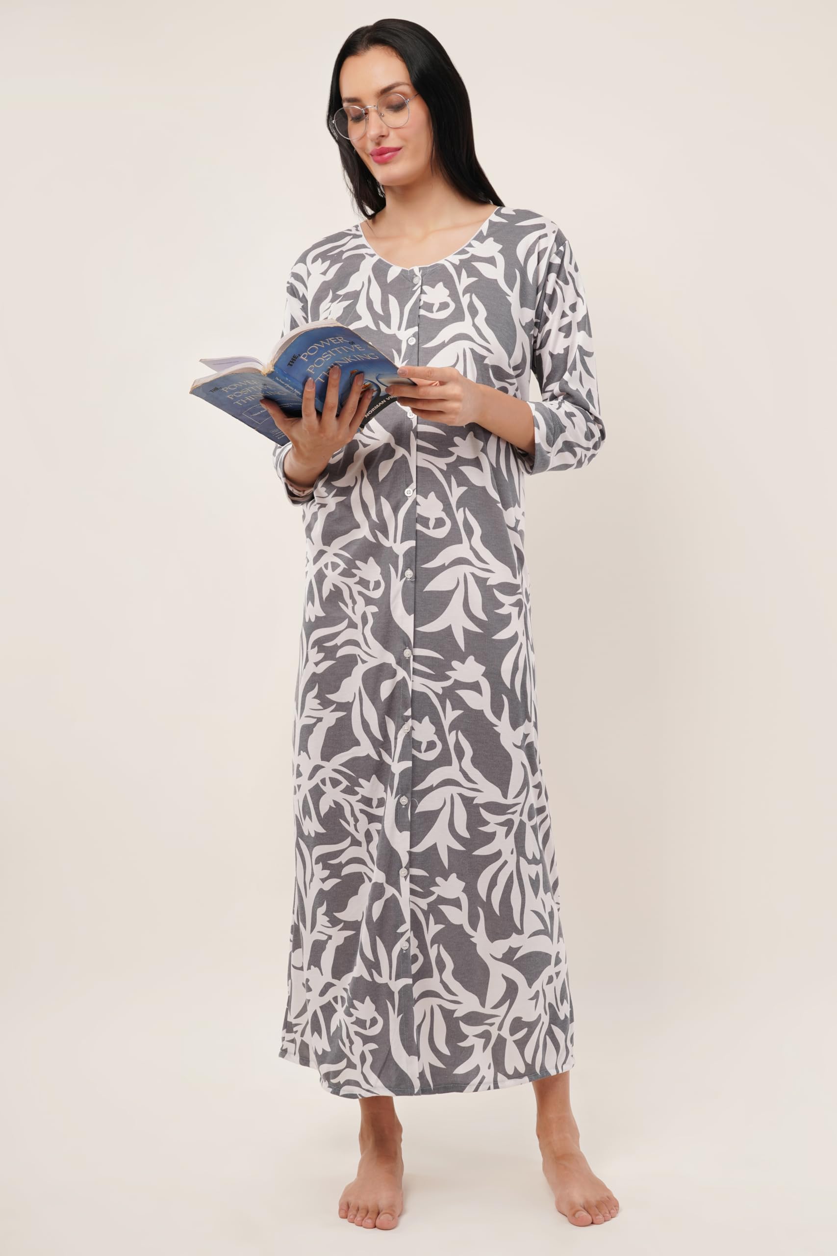 Noty® Women's- Maternity/Hospital/Delivery Gown- Poly Viscose Knits Fabric- Front Open | Printed | Round Neck with Button Closure | Pocket | Full Sleeves