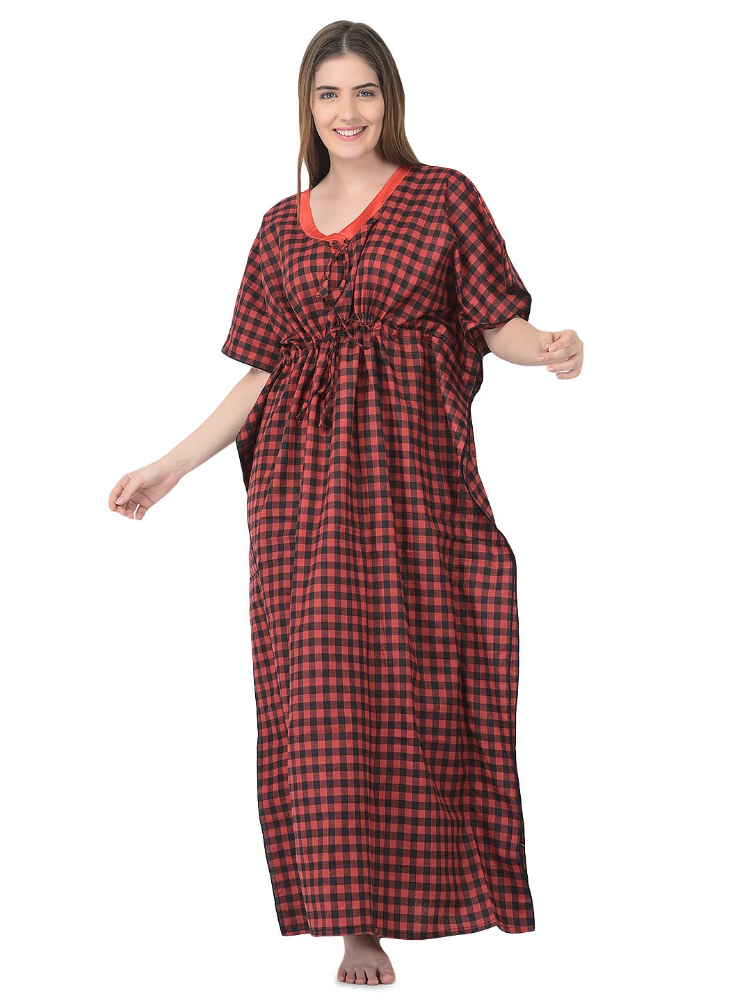 Noty Women Soft Cotton Kaftan Nighty | Check Print | Cotton Nighty | V Neck | Nightwear Nightdress