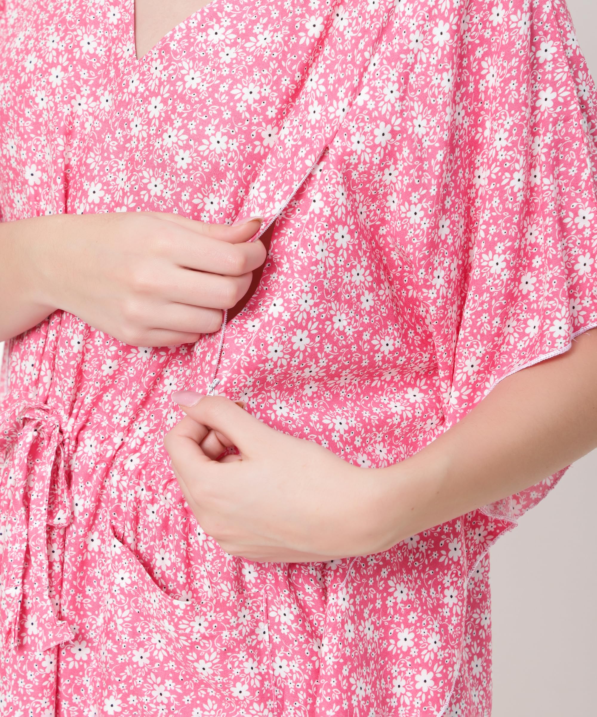 Noty® Women's-Printed Rayon Maternity & Nursing Kaftan with Both Side Zippers and Pockets | Soft & Breathable Feeding Nightwear Dress