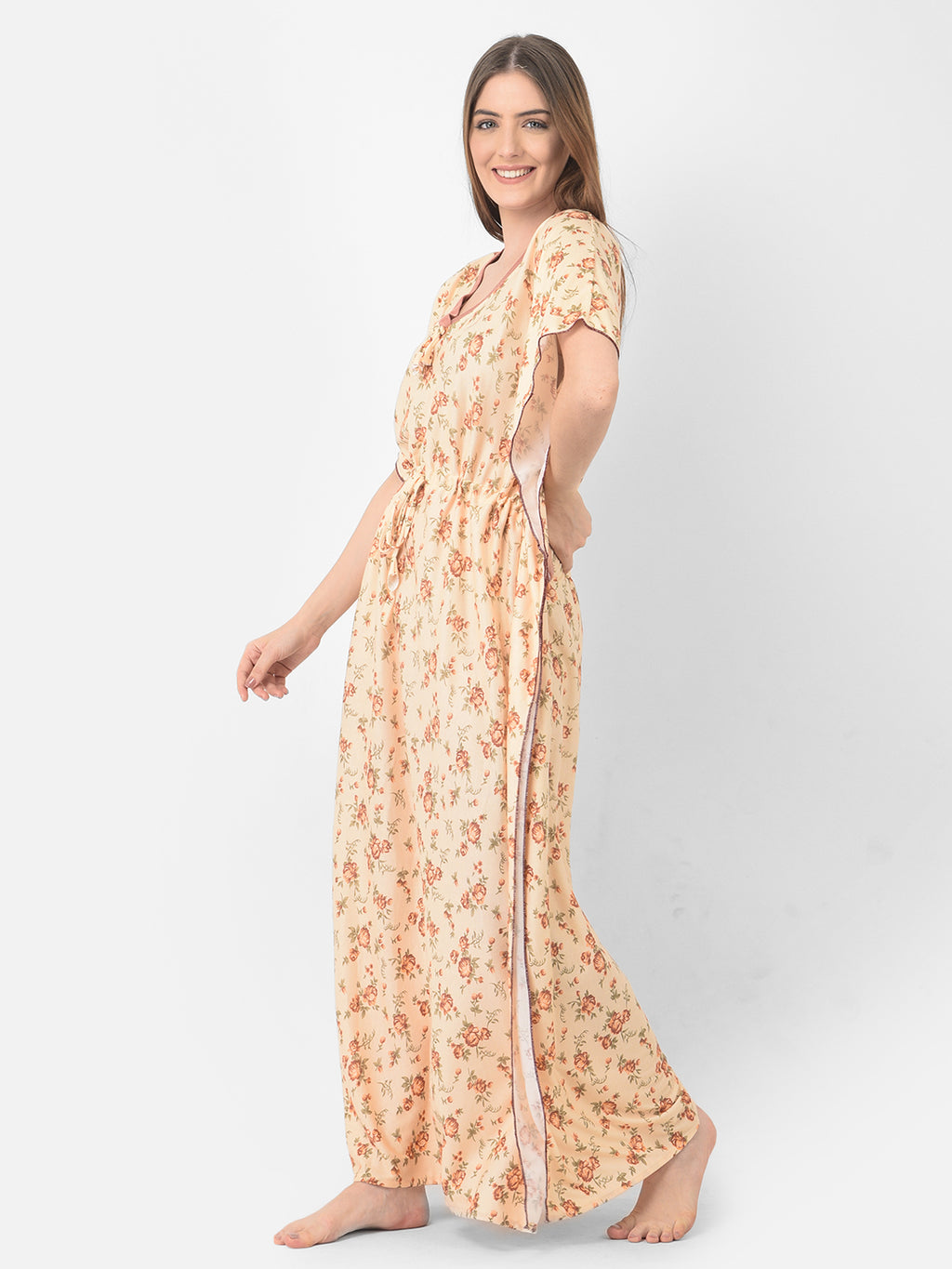 Noty Women's Soft Cotton Kaftan Maxi Nightgown Nighty Nightdress Nightwear -V-Neck- Floral