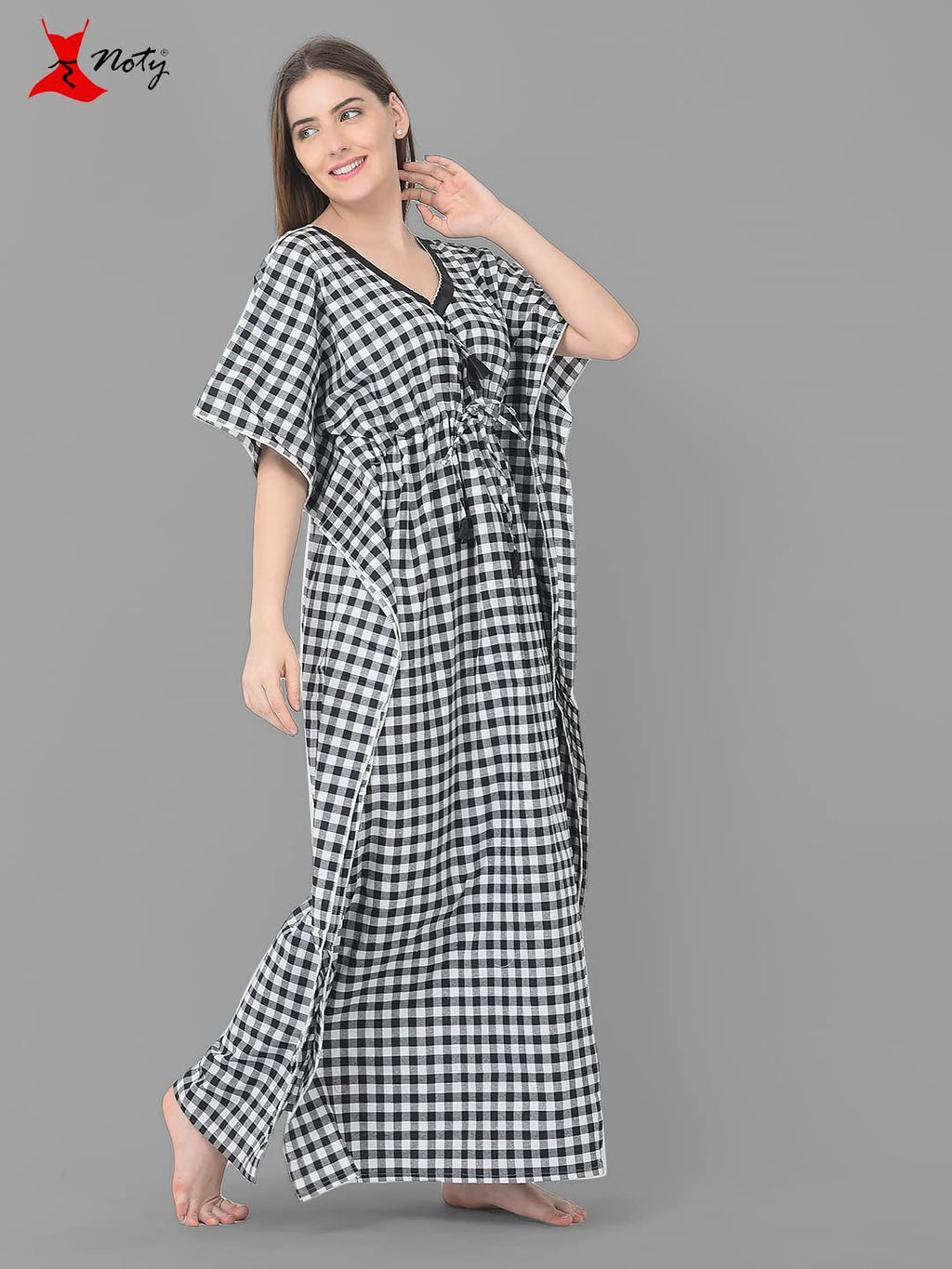 Noty Women Soft Cotton Kaftan Nighty | Check Print | Cotton Nighty | V Neck | Nightwear Nightdress
