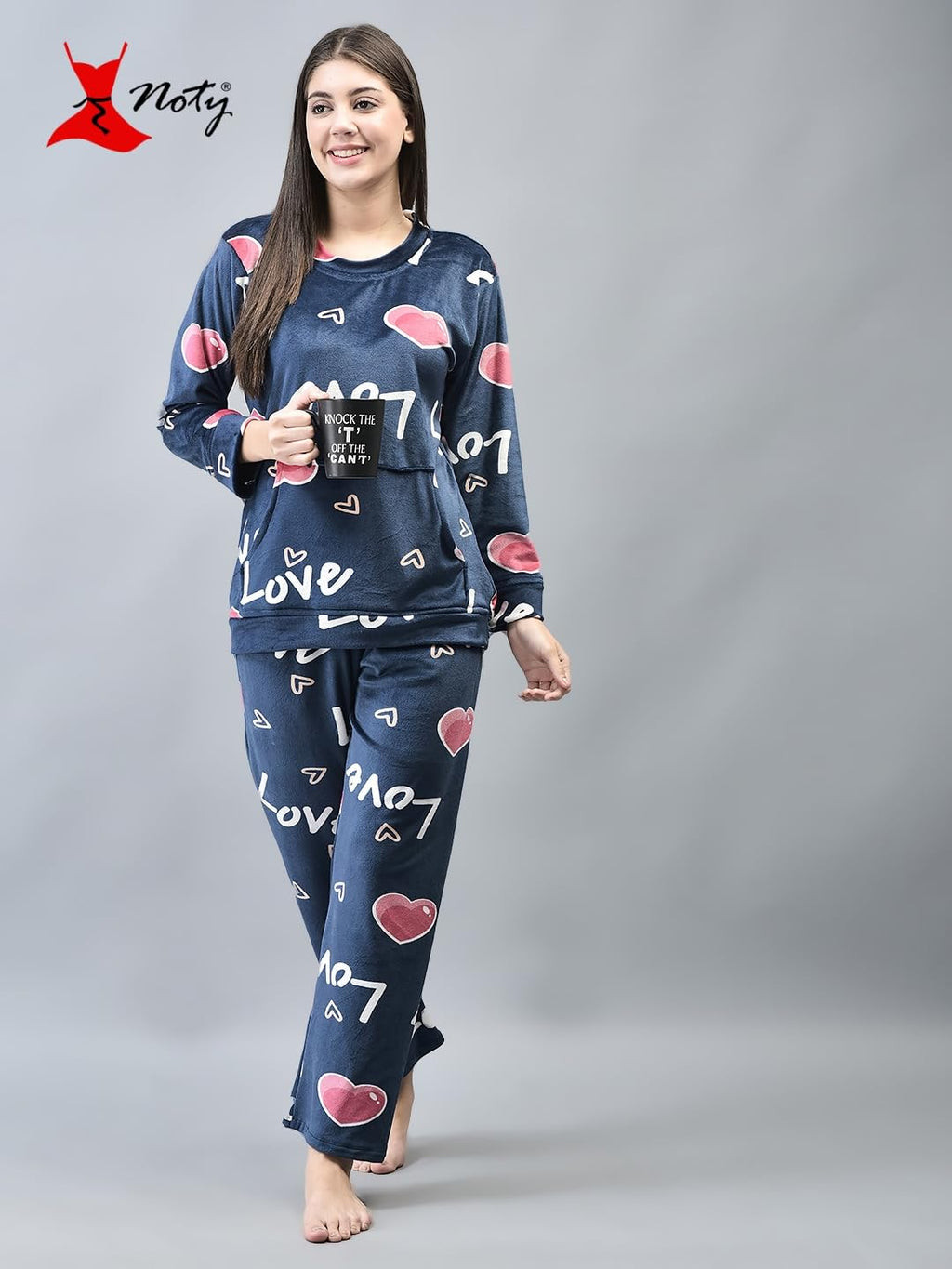 Noty- Night Suit Winter Velvet-Round Neck- Printed