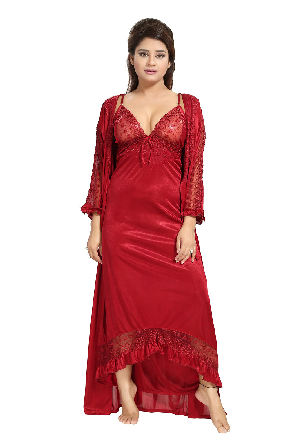 Noty Women's Satin Solid Maxi Nighty (Pack of 2)