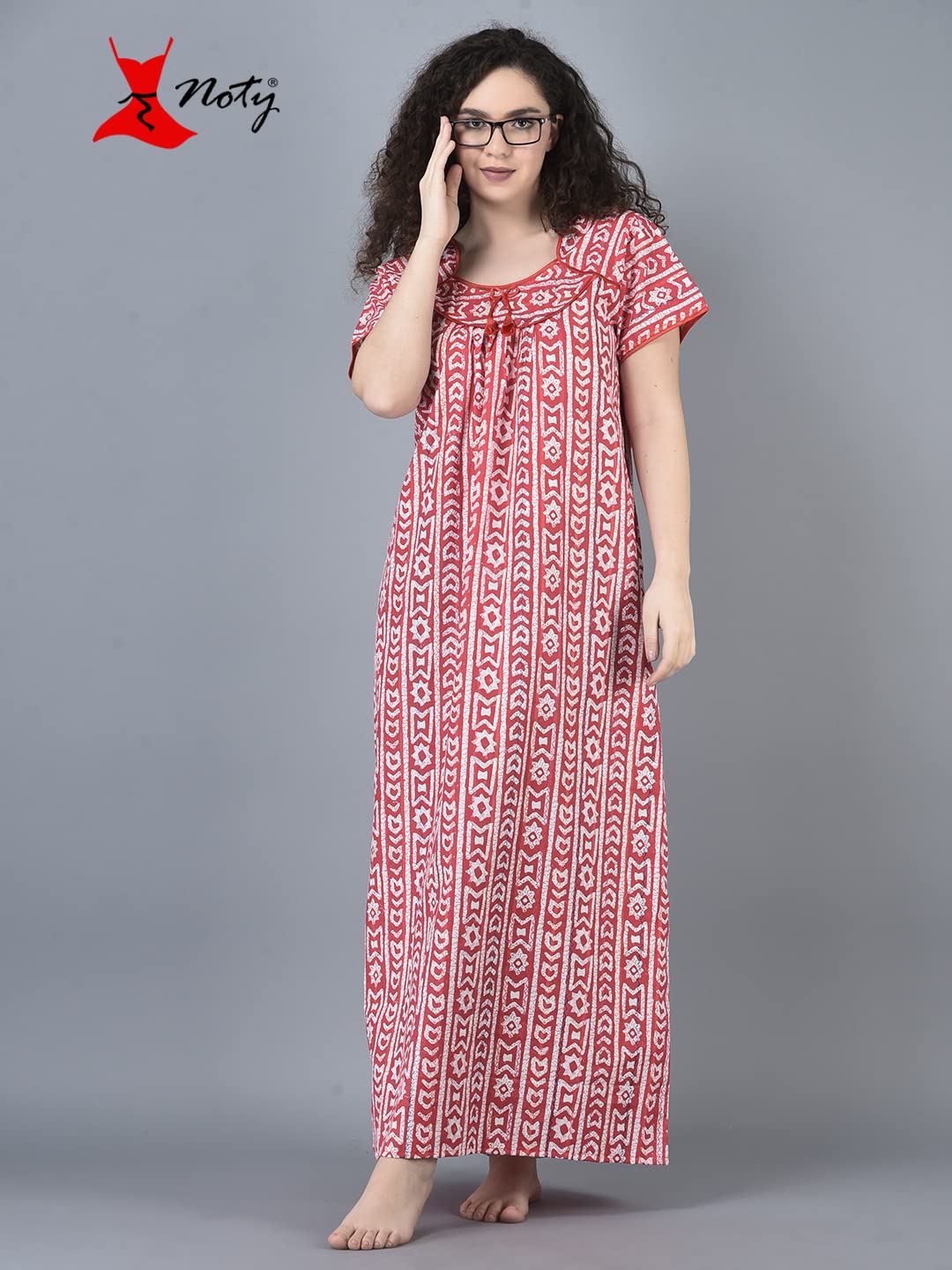 Noty ® Women's- Cotton Nighty| Short Sleeves | Night Wear | Maxi for Women | U Shaped Neck - Cotton Fabric- Jaipuri Print