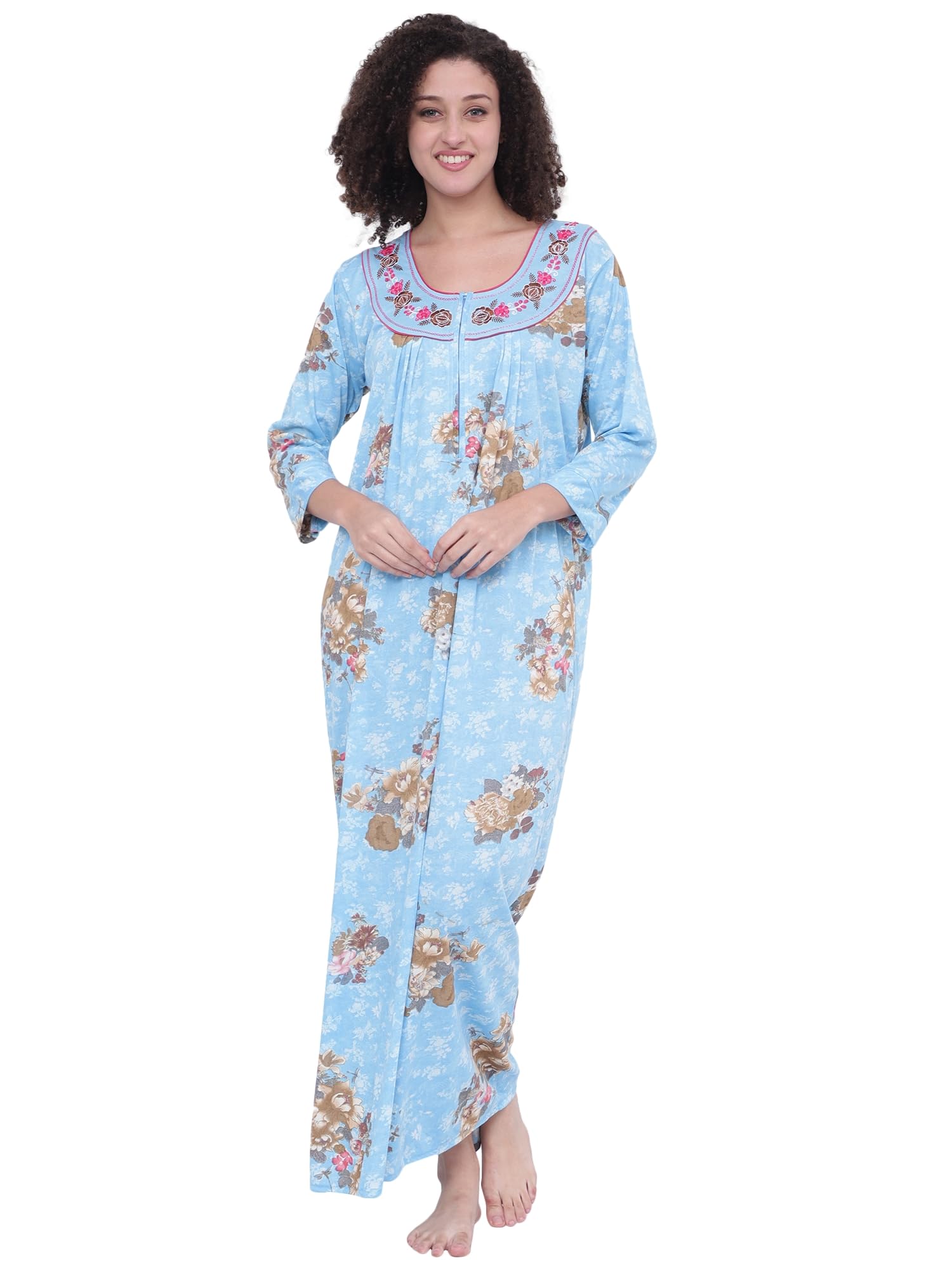 Noty® Women's- Nighty | Maxi | Gown- Poly Viscose Knits Fabric- Embroidery, Full Sleeves, Zip Closure
