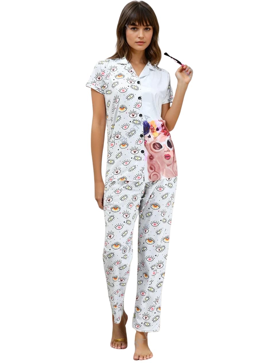 Noty ® Girl's/Women's Night Suit- Serena- Cool Print, Short Sleeves, V Neck