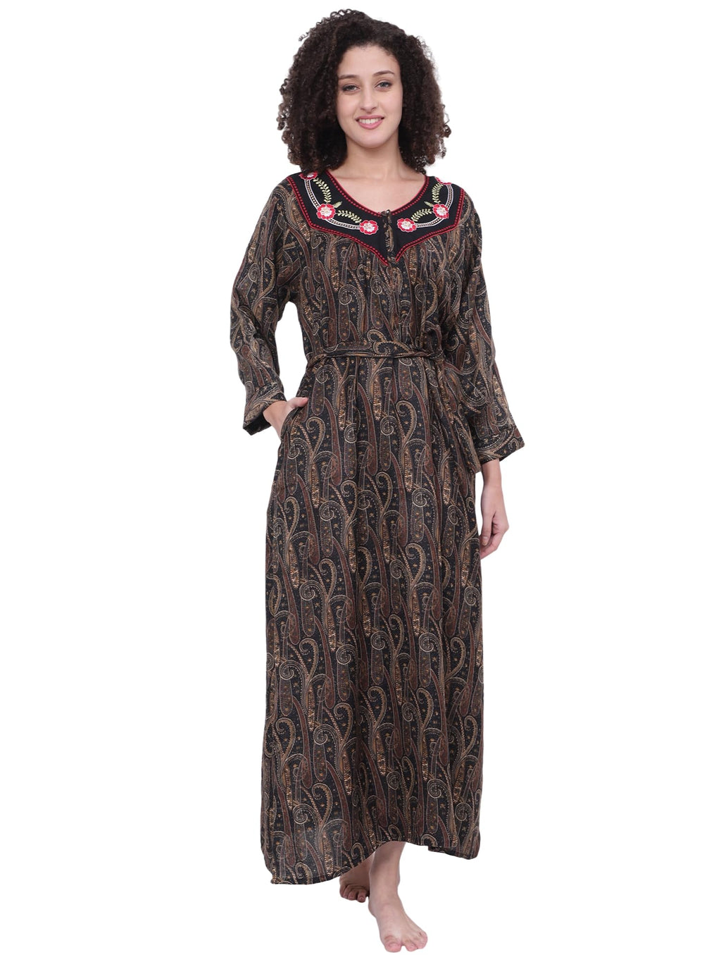 Noty® Women's Winter Nighty | Pashmina Blend | Full Sleeves |Embroidery Work On Neck with Zip Clousre | Maxi for Women