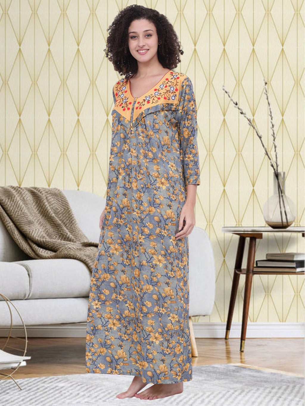 Noty ® Women's- Maternity | Feeding | Nursing | Nighty/Maxi/Gown- Poly Viscose Knits Fabric- Floral Embroidery, Zip on Both Sides, Full Sleeves