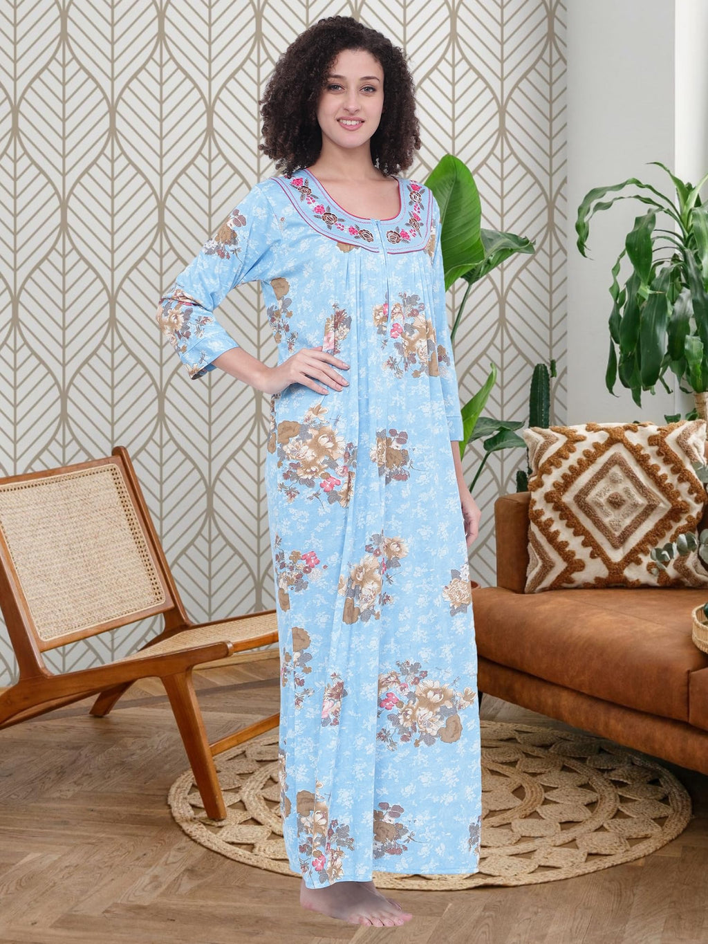 Noty® Women's- Nighty | Maxi | Gown- Poly Viscose Knits Fabric- Embroidery, Full Sleeves, Zip Closure