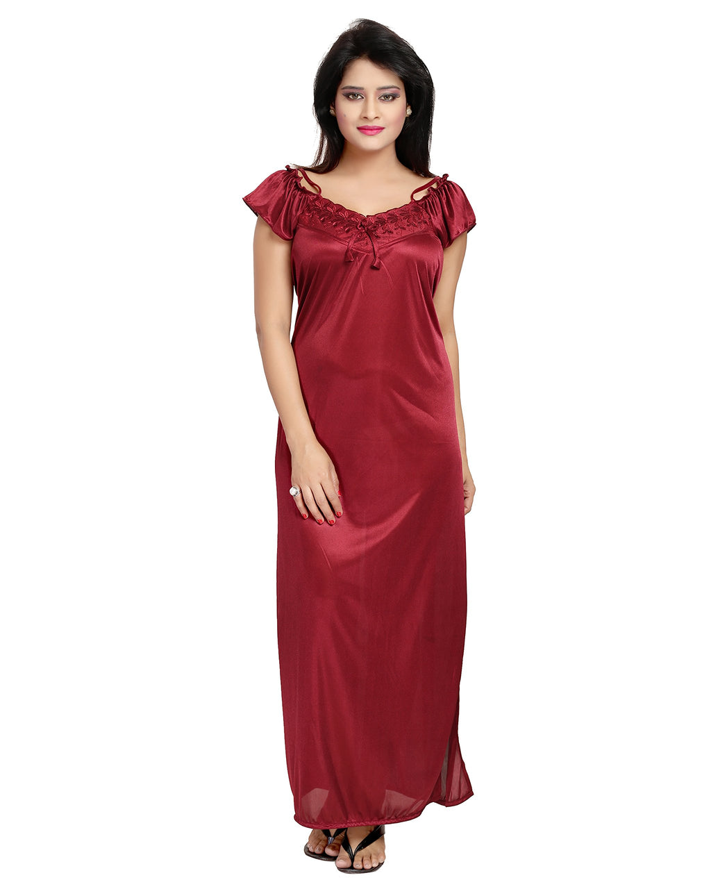 Noty Women's 4 Pc Nighty Set | Satin Nighty | Maxi with Robe | Solid Print | Top with Pajama | Lace work on Neck | Short Sleeves