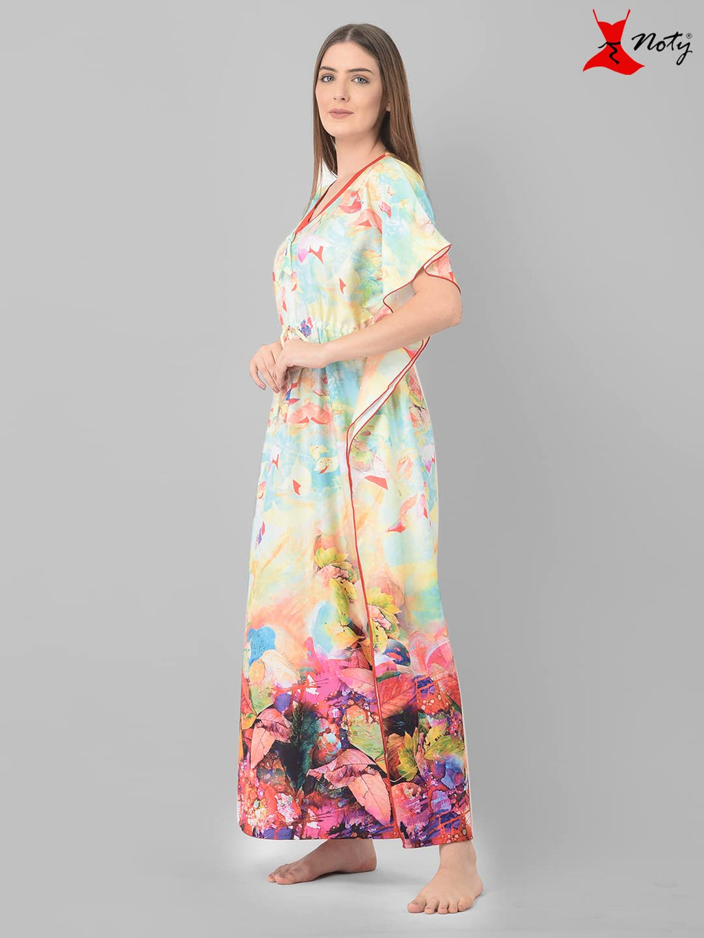 Noty ® Women's Kaftan Nighty | Digital Print | Sarena Fabric | V Shaped Neck Nightwear | Nightdress for Girl