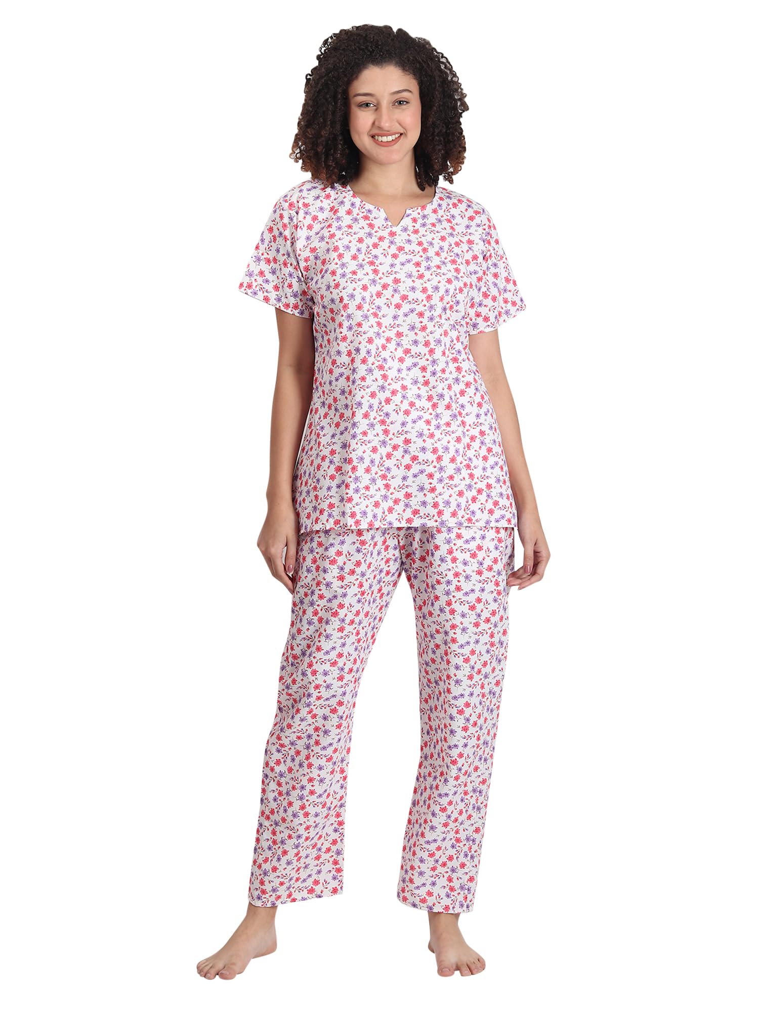 Noty ® Girl's/Women's Polyester and Cotton Mixed- Small Floral Printed- Night Suit/Night Wear/Lounge Wear/Night Dress