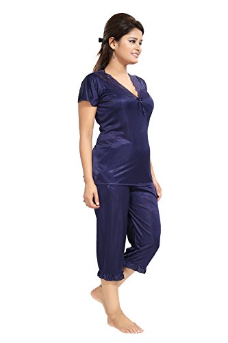Noty Women's Satin Solid Capri Nightwear Set Pack of 7 (Navy Blue, Free Size)