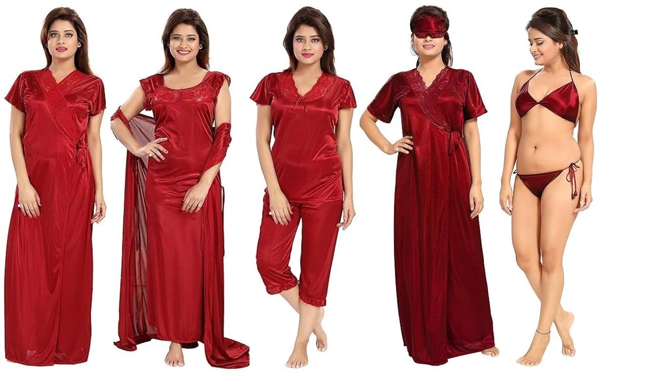 Noty - Women's Satin Nighty - 7 Pc Set- Nighty/Robe/Top/Capri/Bra/Panty/Eye Mask (Maroon, Free Size)