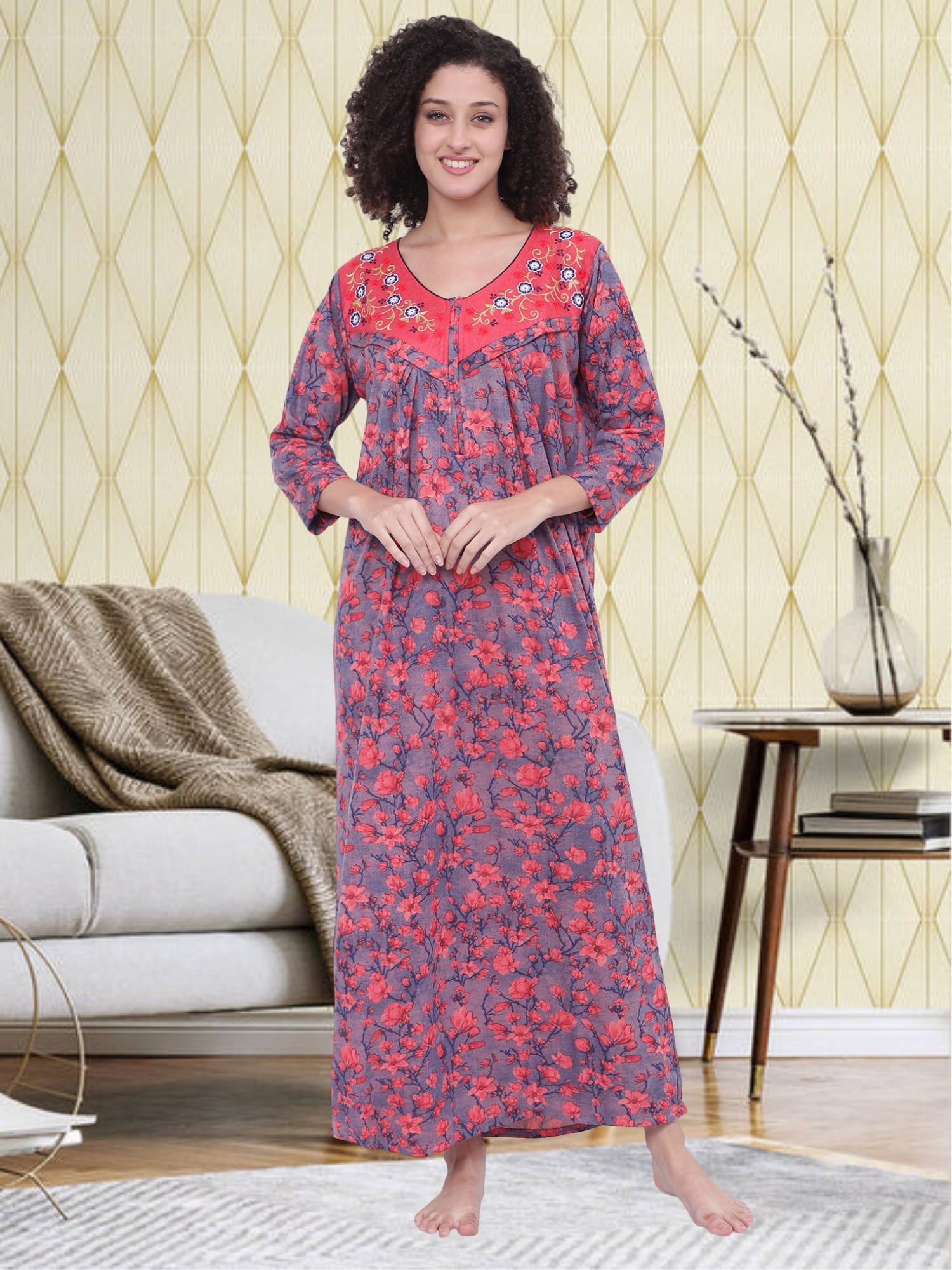 Noty ® Women's- Maternity | Feeding | Nursing | Nighty/Maxi/Gown- Poly Viscose Knits Fabric- Floral Embroidery, Zip on Both Sides, Full Sleeves