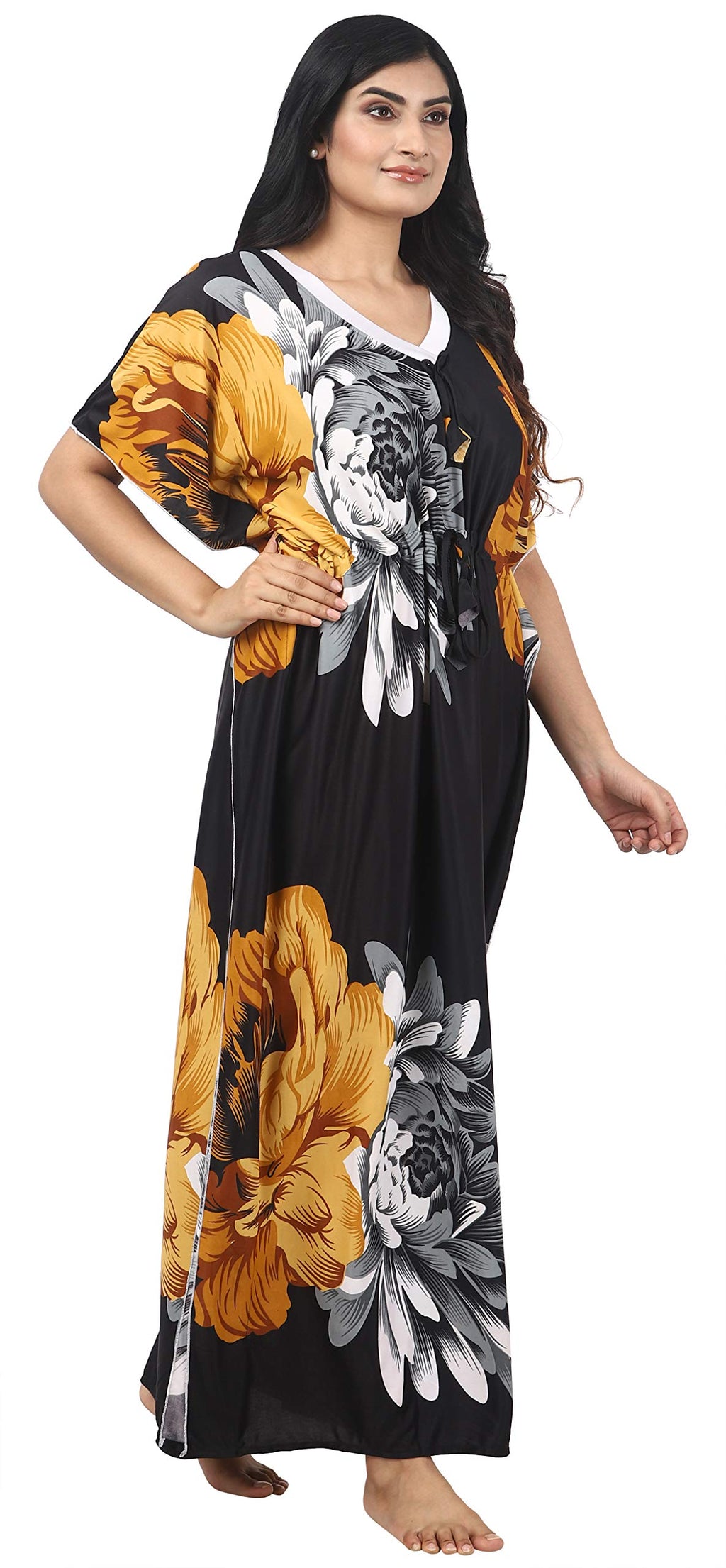 Noty Women's Kaftan Nighty | Serena Fabric | Floral Print Maxi | Short Sleeves | V Shaped Neck
