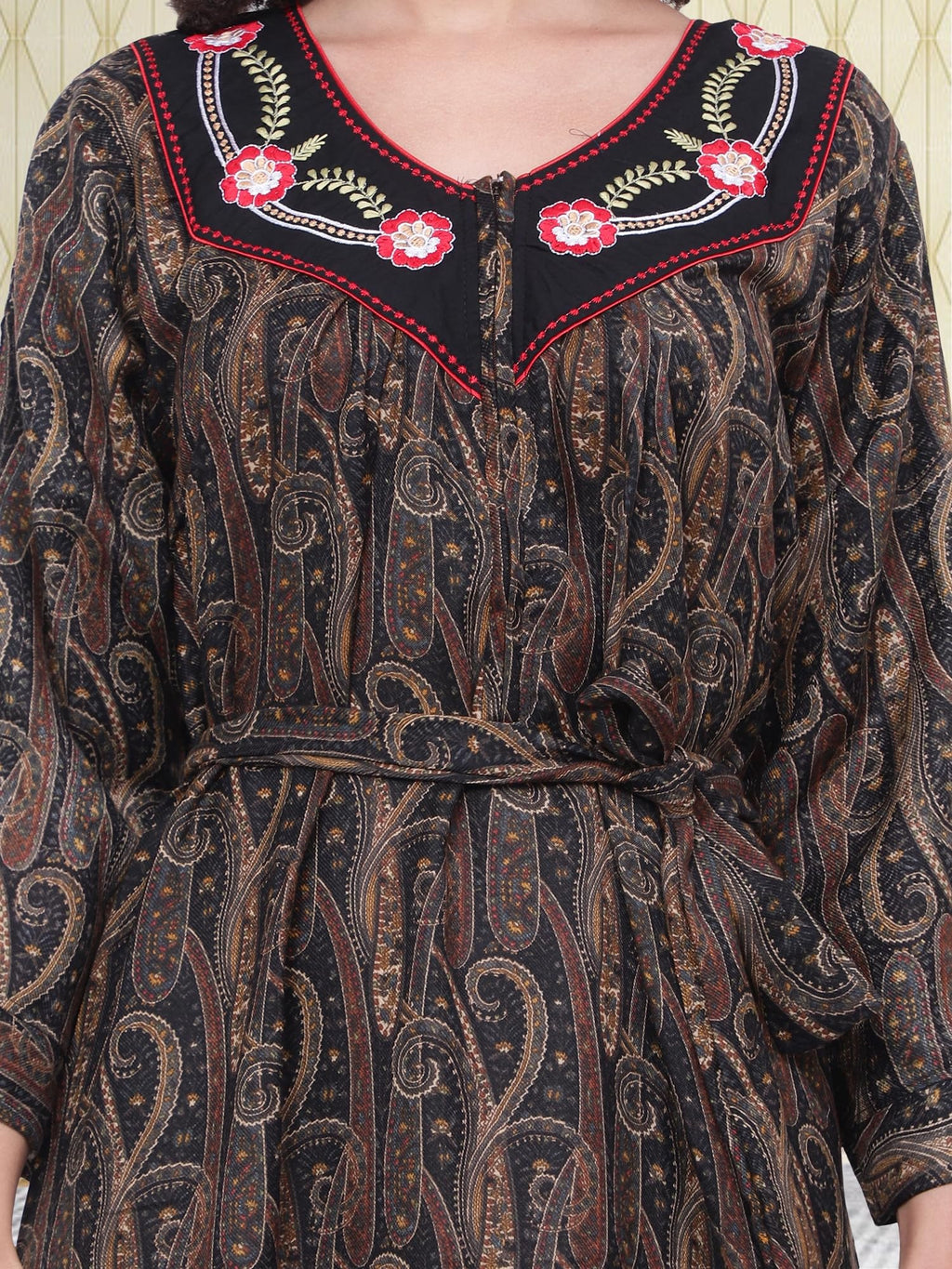 Noty® Women's Winter Nighty | Pashmina Blend | Full Sleeves |Embroidery Work On Neck with Zip Clousre | Maxi for Women