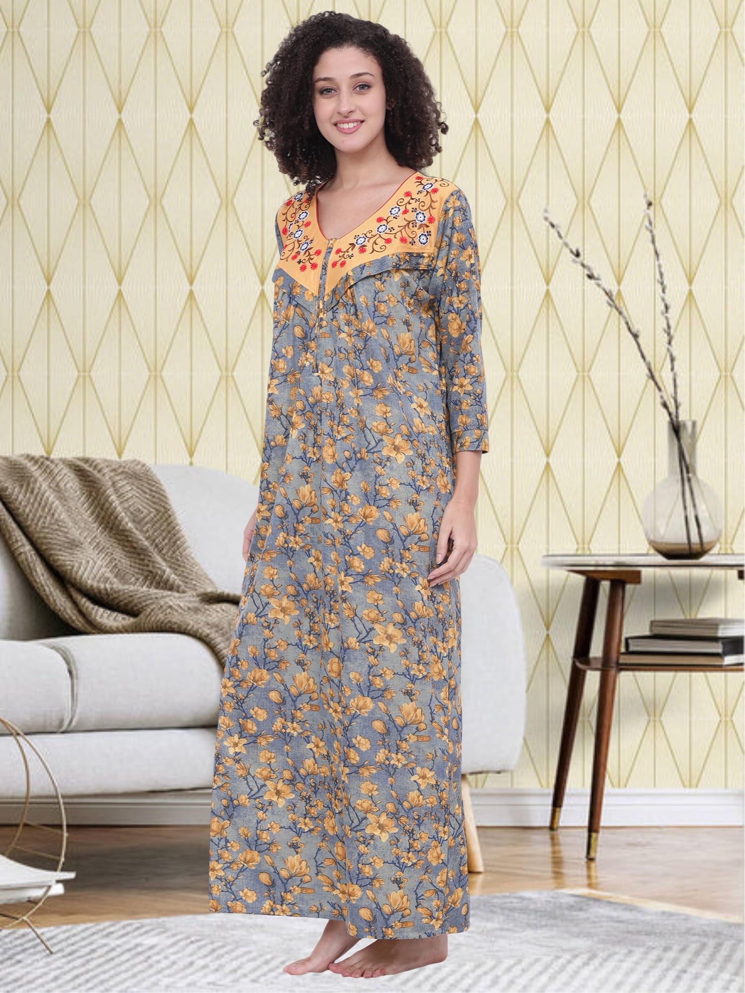 Noty ® Women's- Maternity | Feeding | Nursing | Nighty/Maxi/Gown- Poly Viscose Knits Fabric- Floral Embroidery, Zip on Both Sides, Full Sleeves